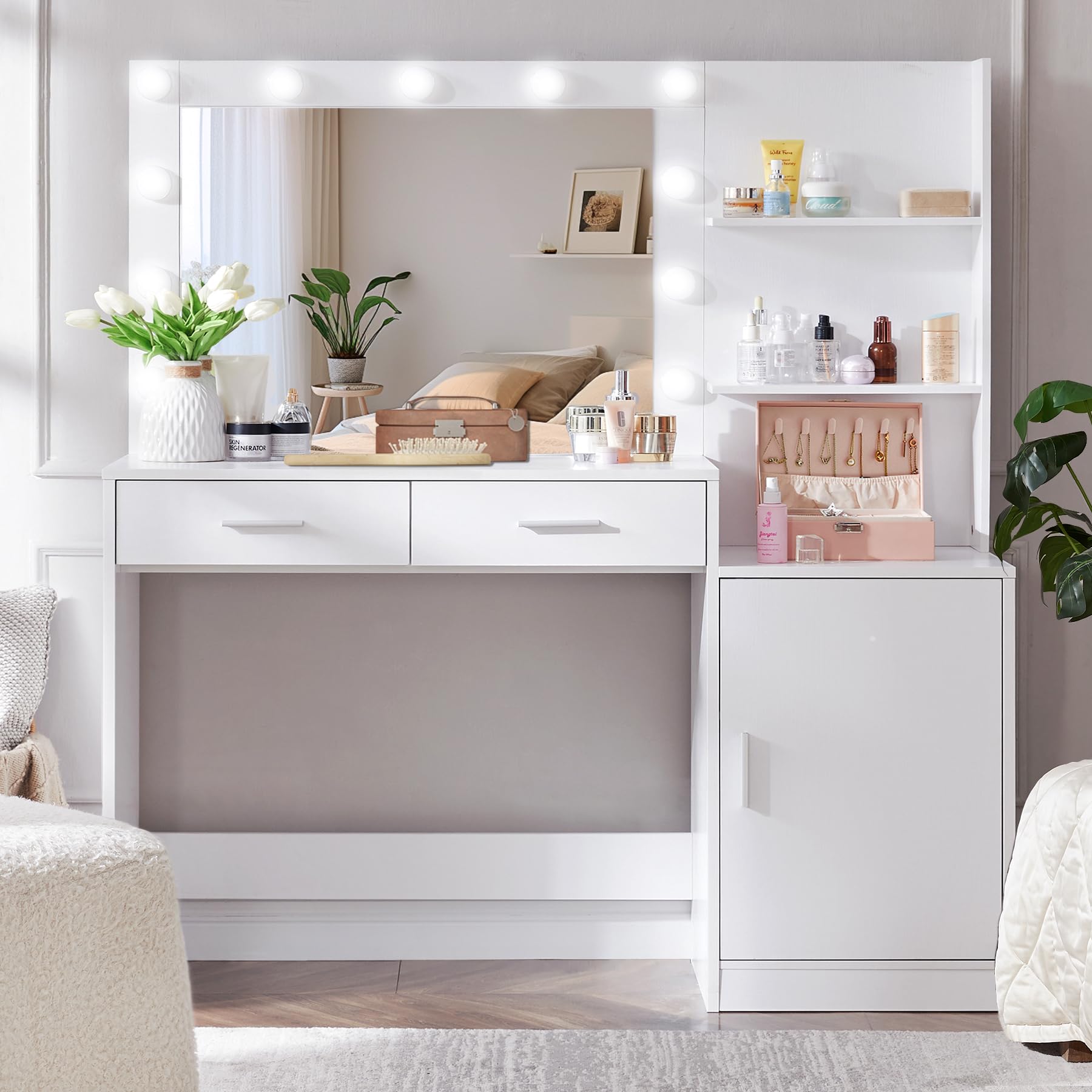 46.7 Inch Vanity Desk with Mirror and LED Lights, White Dressing Table with 2 Large Drawers & Vertical Organizer - 3-Tier Dresser with 3 Adjustable Lighting Modes for Bedroom, Makeup, and Home Office
