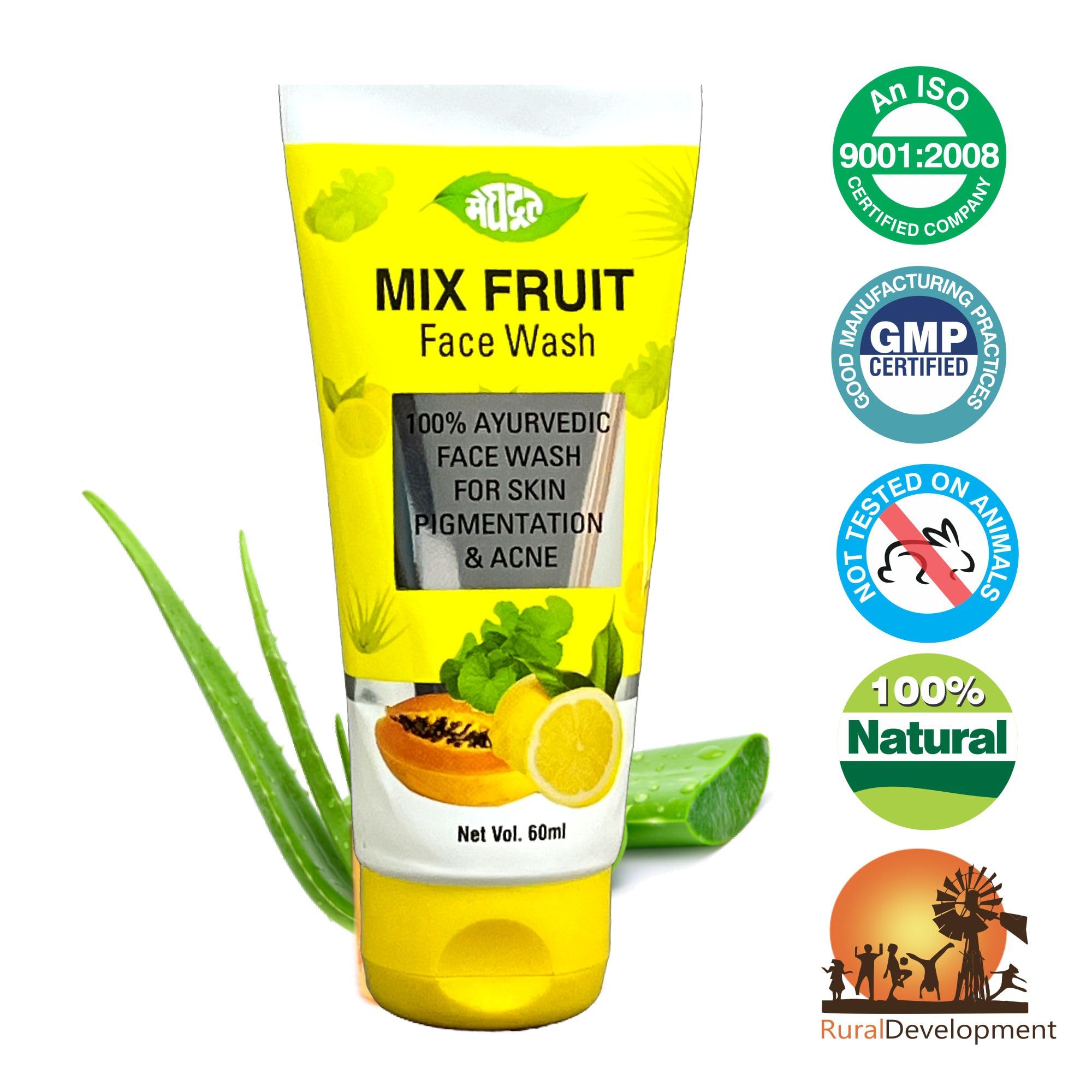 Meghdoot Mix Fruit Face Wash 60ml (Pack of 6) - Natural Cleanser for Glowing Skin - Perfect for Daily Skincare Routine & Travel