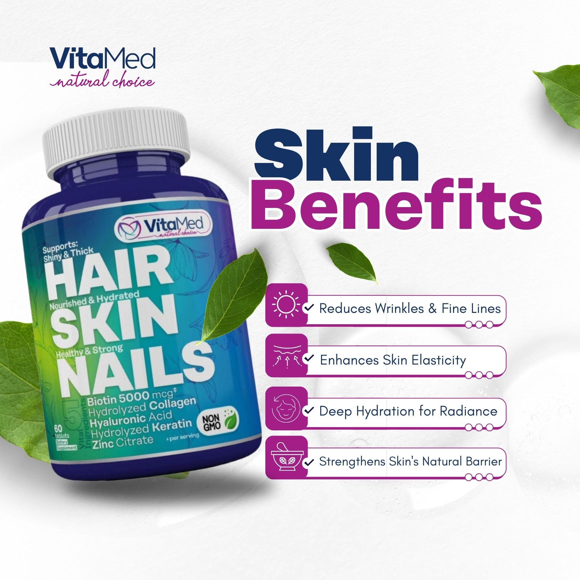 Premium Hair, Skin & Nails Vitamins with Biotin 5000mcg, Collagen, Keratin & Hyaluronic Acid - Supports Hair Growth, Strong Nails & Healthy Skin - 60 Tablets for Women & Men - Perfect for Daily Beauty Supplement Routine