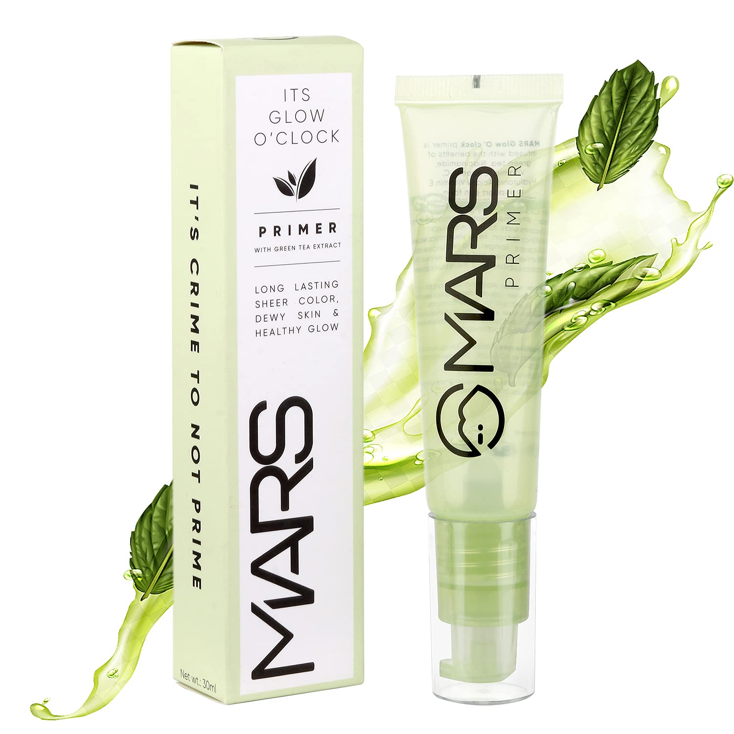 MARS Glow O' Clock Face Makeup Primer with Green Tea Extract | Hydrating Dewy Primer for Dry Skin | Long-Lasting Power Grip Makeup Base | 30ml | Perfect for Daily Wear, Special Occasions & Photo Shoots