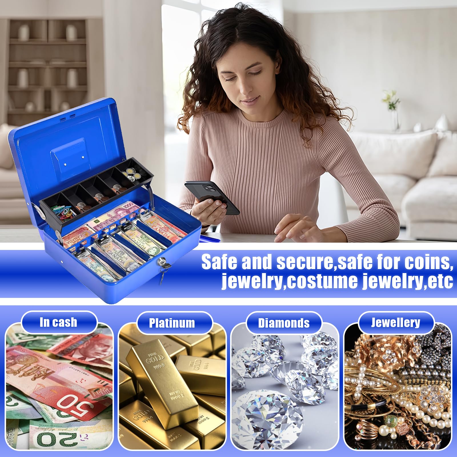 Secure Metal Cash Box with Key Lock - Portable Money Safe for Bills, Coins, Checks & Valuables (11.8x9.4x3.5in, Blue) - Ideal for Home, Office, Retail Store & Travel Use
