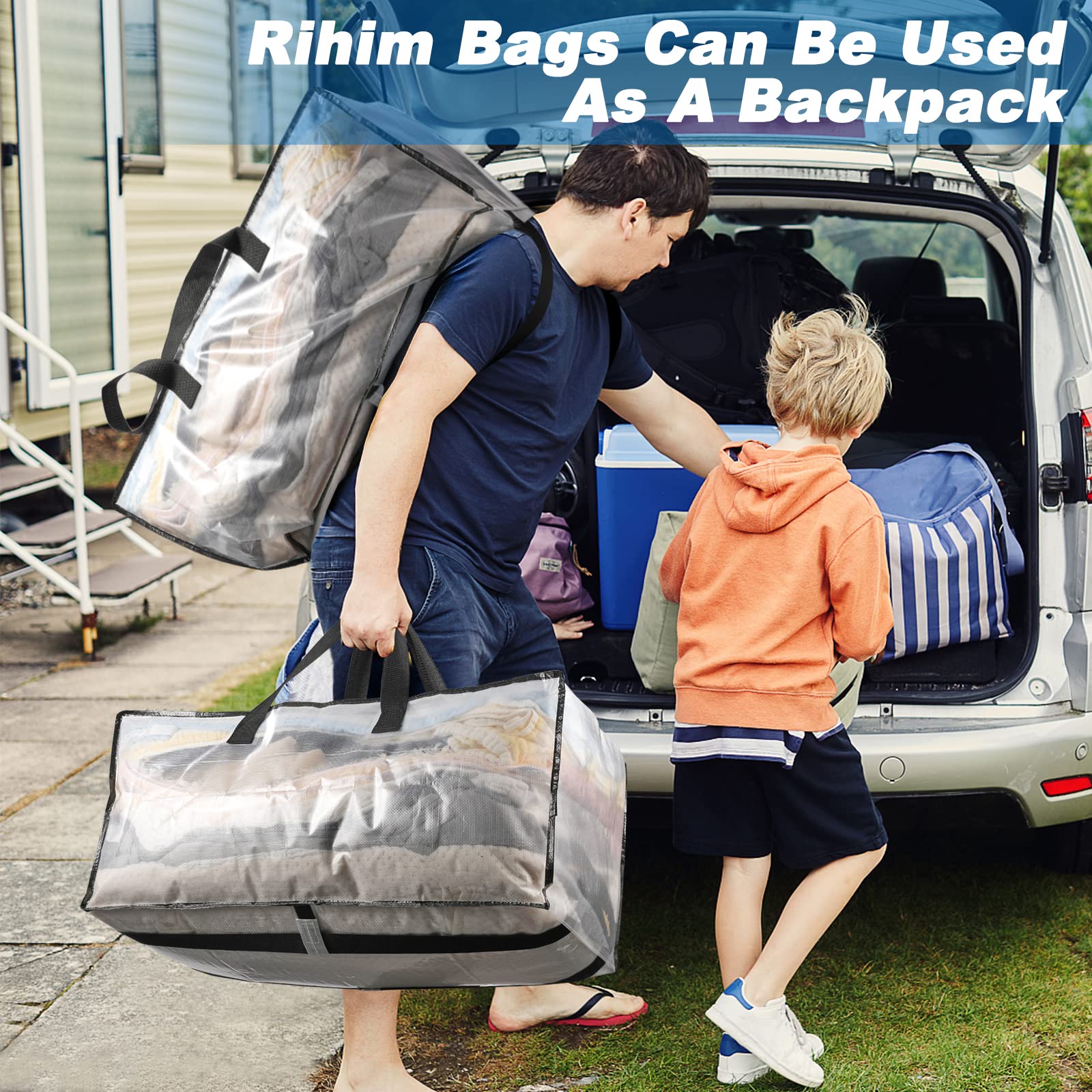 90L Moving Bags - 8 Pack Clear Heavy Duty Extra Large Storage Bags for Clothes with Backpack Straps & Strong Handles - Waterproof Travel Packing Bags for College, Moving, Christmas Storage & Travel Organization