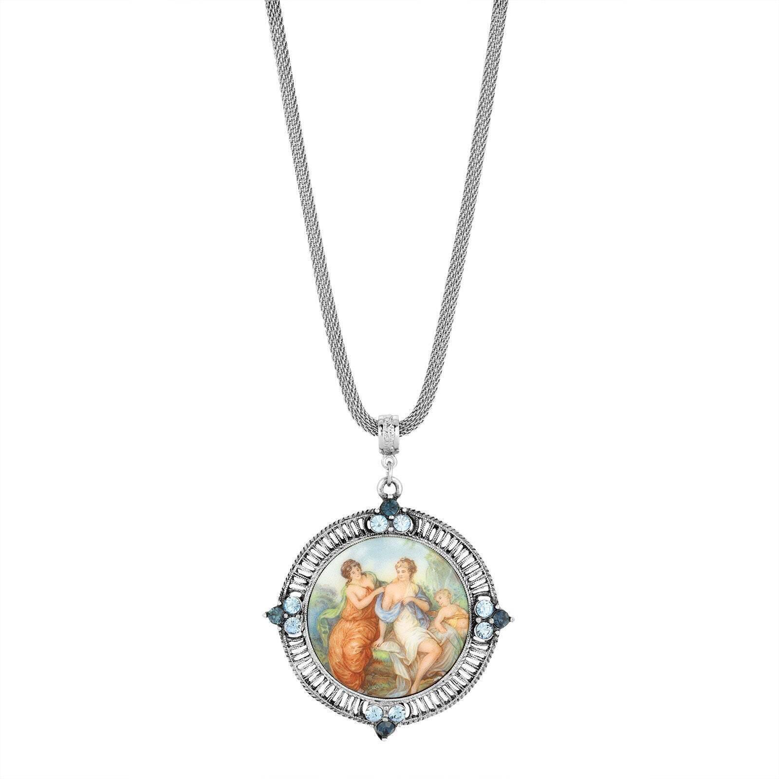 1928 Vintage Blue Crystal Glass Pendant Necklace - Elegant Mesh Chain Jewelry for Women, Perfect for Evening Parties & Special Occasions
