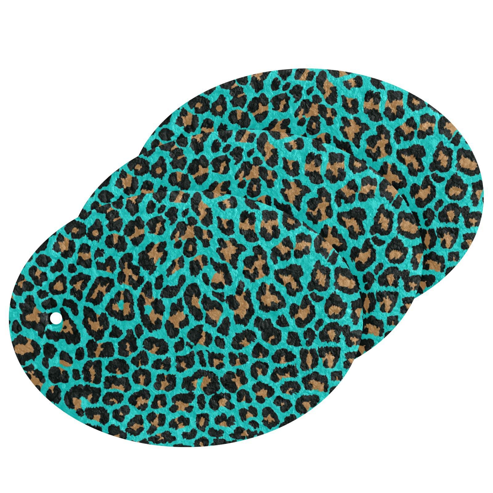 Kcldeci 3 Pack Kitchen Scrub Sponges - Teal Leopard Print Dish Sponges for Cleaning Dishes, Kitchen, Bathroom & Cars | Heavy Duty Non-Scratch Scouring Pads | Perfect for Household Cleaning, Washing Pans & Car Detailing