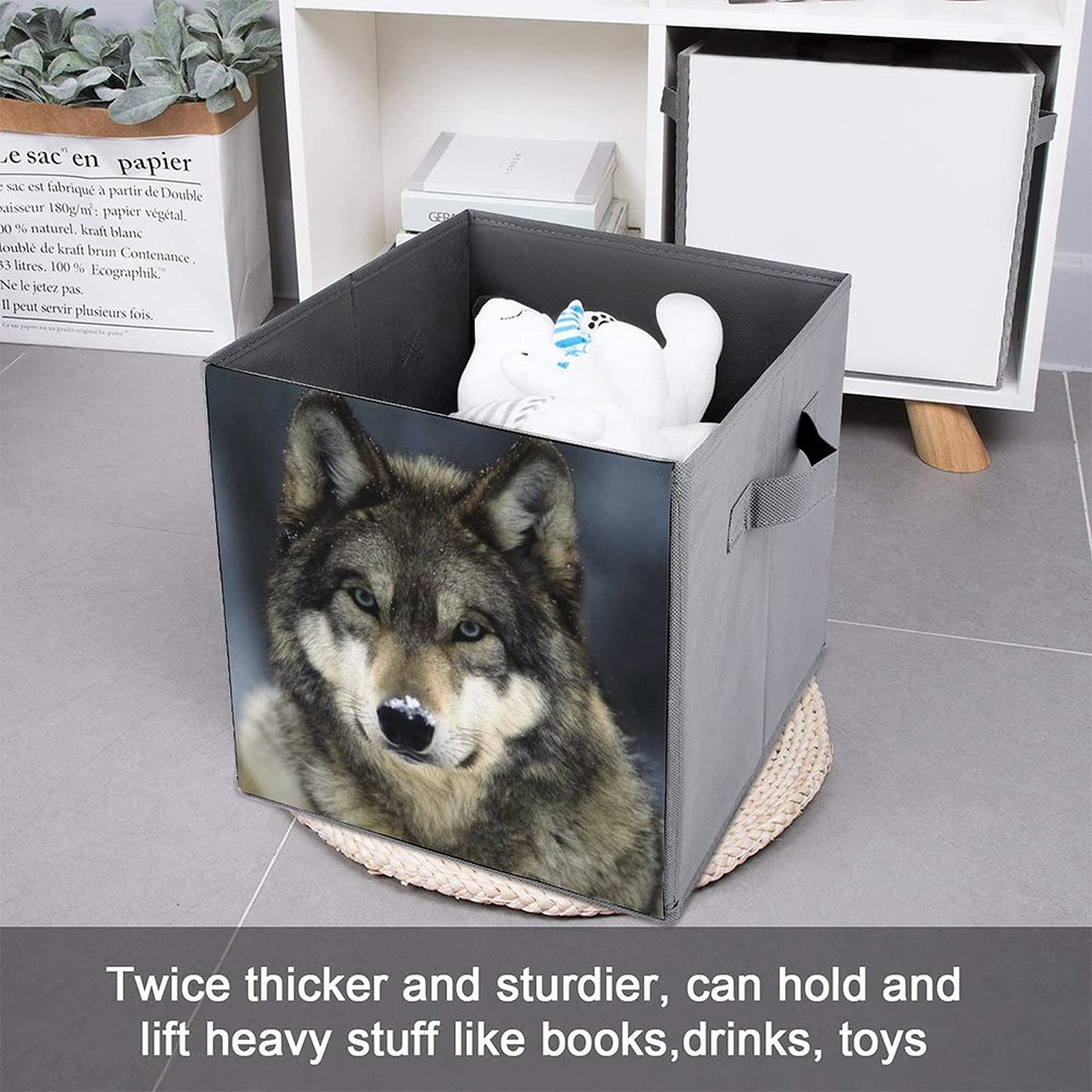 White Snow Wolf Canvas Collapsible Storage Bins with Handles - Foldable Fabric Cube Organizer Baskets for Home, Office, Car & Closet Organization - Perfect for Toys, Books, Blankets & Seasonal Storage