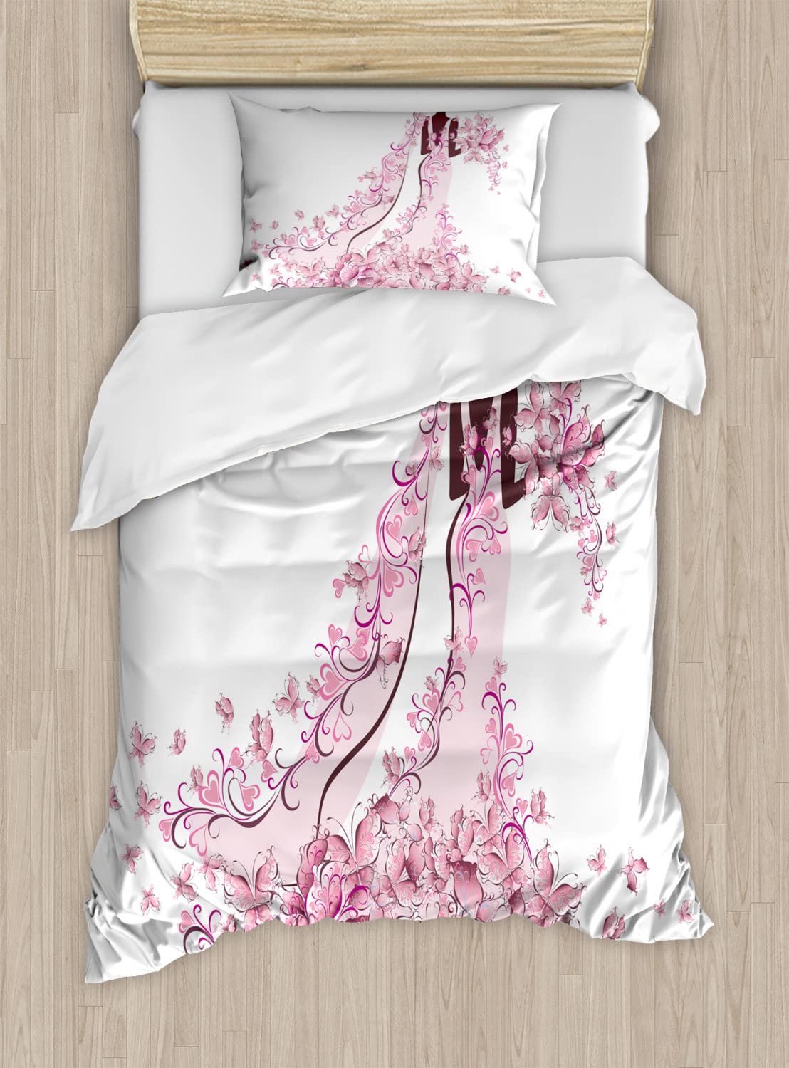 Ambesonne Wedding Duvet Cover Set - Floral Heart Butterfly Bridal Gown Print Bedding Set, 2 Duvet Covers & 2 Pillowcases, Twin Size 2-Pack in Pink & Maroon - Perfect for Bridal Showers, Honeymoon Suites & Romantic Bedroom Decor