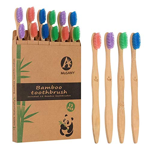 MoSANY 12 Pack Bamboo Toothbrushes - Eco-Friendly Biodegradable Toothbrush with BPA-Free Soft Bristles, Natural Wooden & Charcoal Toothbrush Set (Multi-Color) for Home, Travel & Sustainable Oral Care