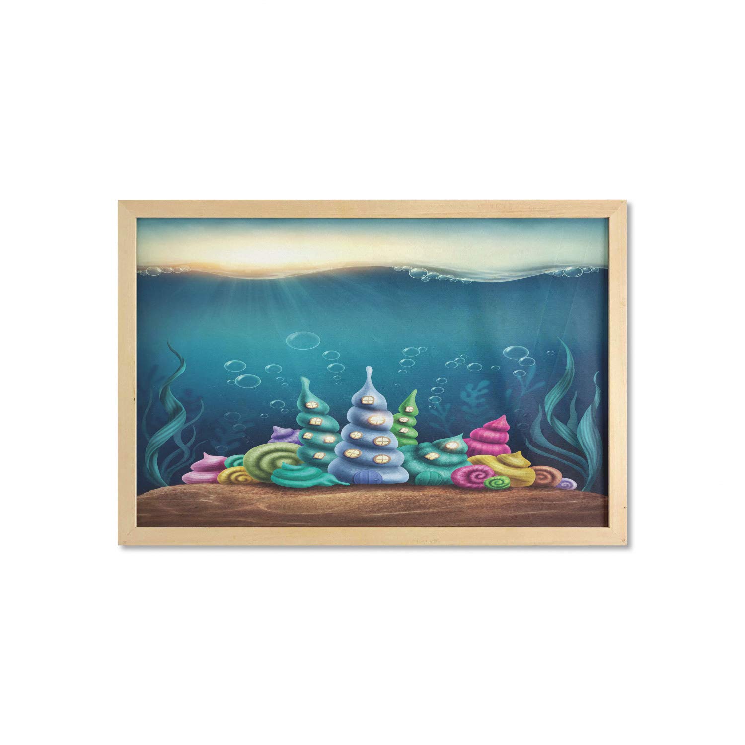 Ambesonne Ocean Wall Art with Frame - Underwater Fantasy Kingdom, Shell Houses & Water Bubbles Cartoon Print - 35