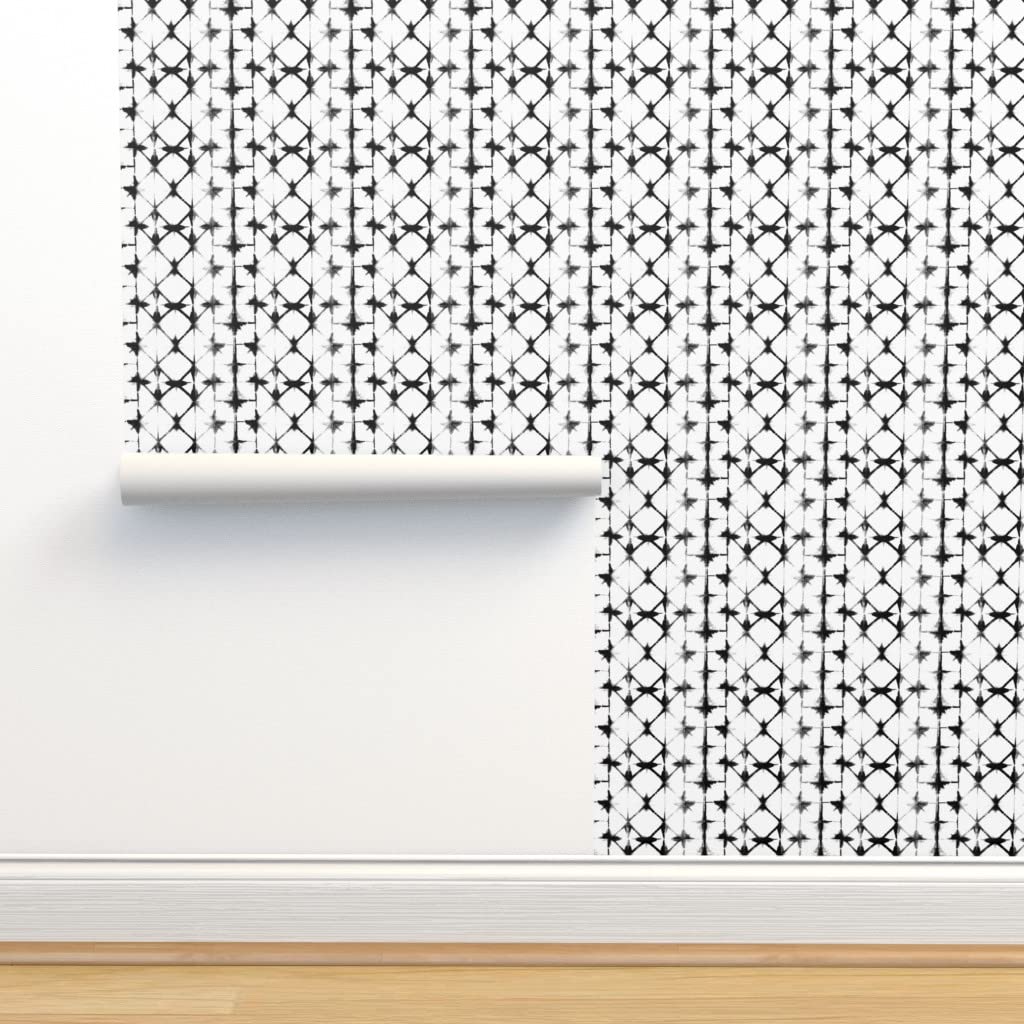 Peel & Stick Wallpaper 9ft x 2ft - Black & White Shibori Boho Midcentury Modern Tie Dye Removable Self-Adhesive Wallpaper for Living Room, Bedroom, Nursery Decor | Easy DIY Home Improvement by Spoonflower