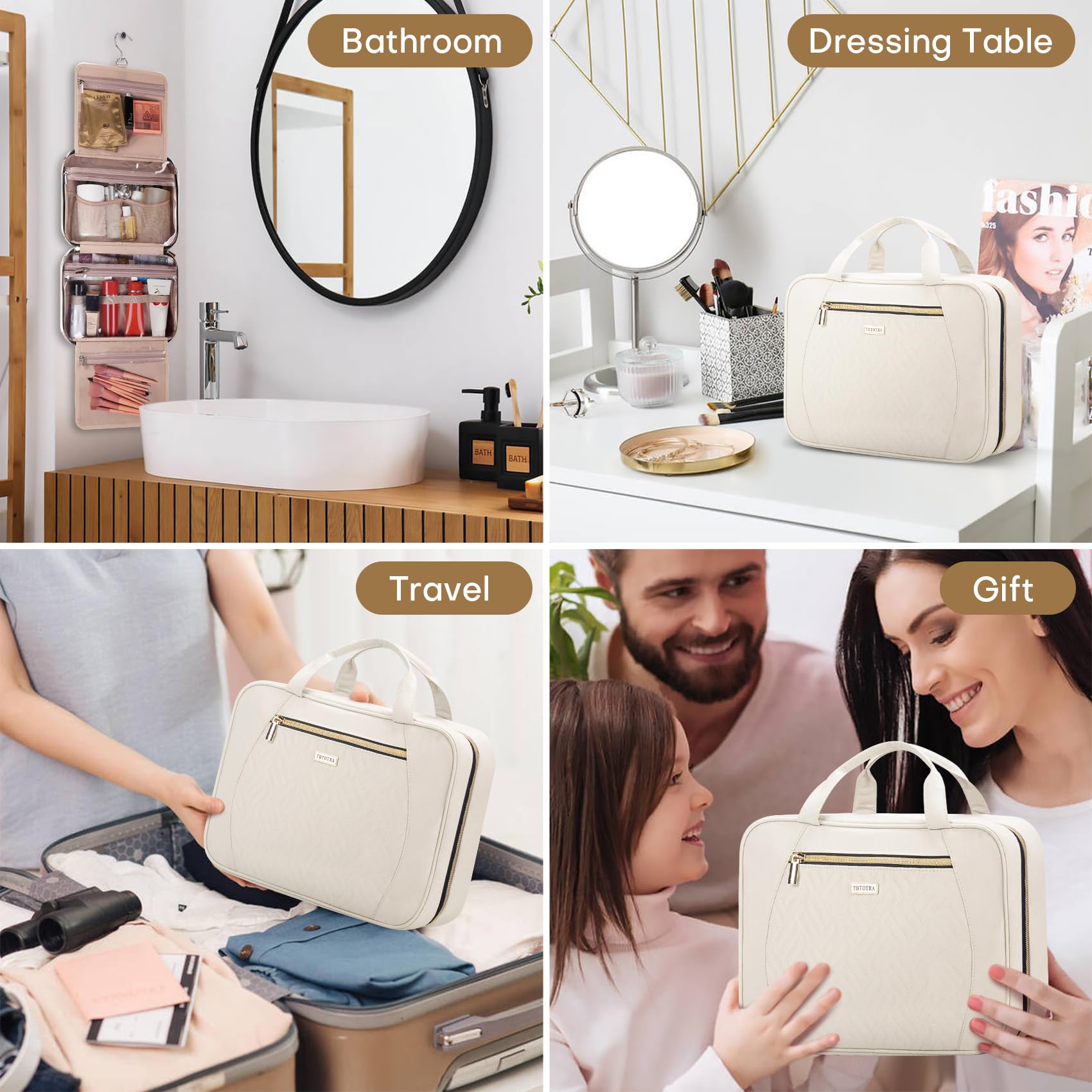 Hanging Travel Toiletry Bag for Full-Size Toiletries & Cosmetics - Medium Beige Organizer with Hook for Brushes, Makeup & Essentials | Perfect for Air Travel, Camping & Gym
