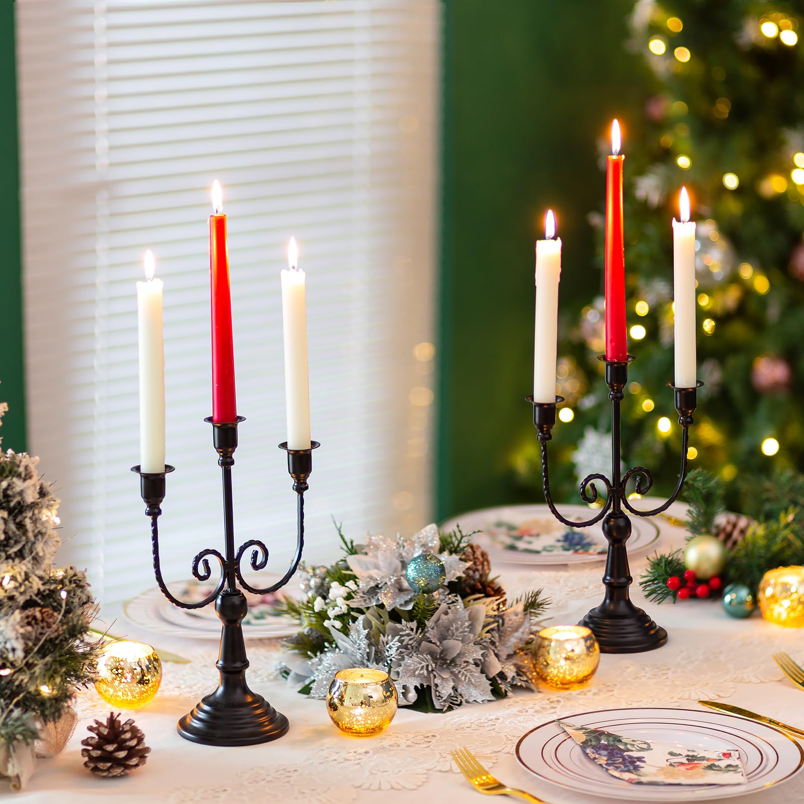 Halloween Candle Holder Set of 2 - Black Gothic Candelabra for Spooky Decor | Christmas Candle Stick Holders for Holiday Table Centerpiece, Mantel & Party Decorations