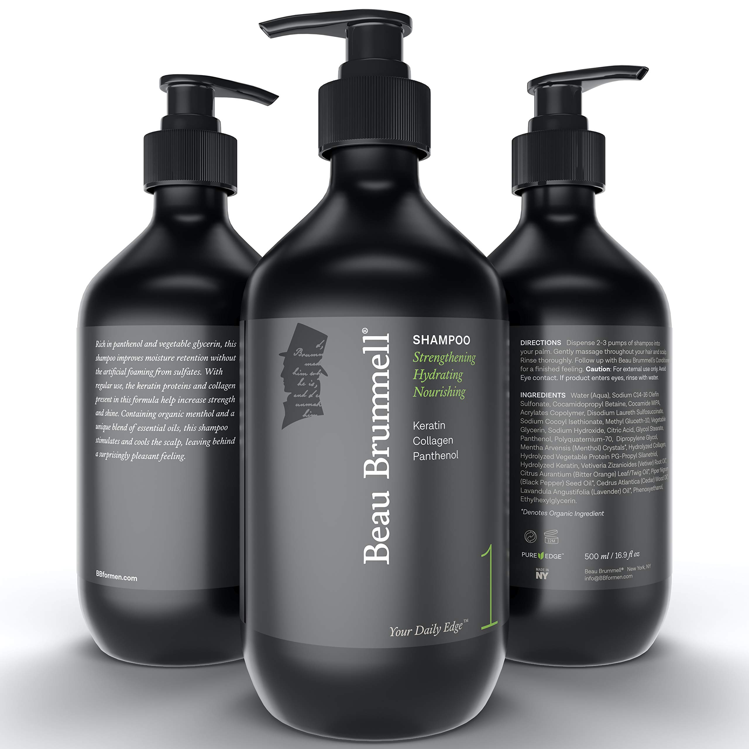 Beau Brummell Sulfate-Free Keratin & Collagen Shampoo for Men - Low Foam Daily Hair Strengthening Formula - 16.9 oz Made in USA - Ideal for Gym, Travel & Sensitive Scalp Care