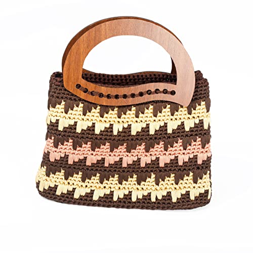 Aztec Boho Crochet Handbag with Wooden Handles - Brown Geometric Hippie Clutch for Women | Perfect for Music Festivals, Beach Outings & Bohemian Fashion Accessories