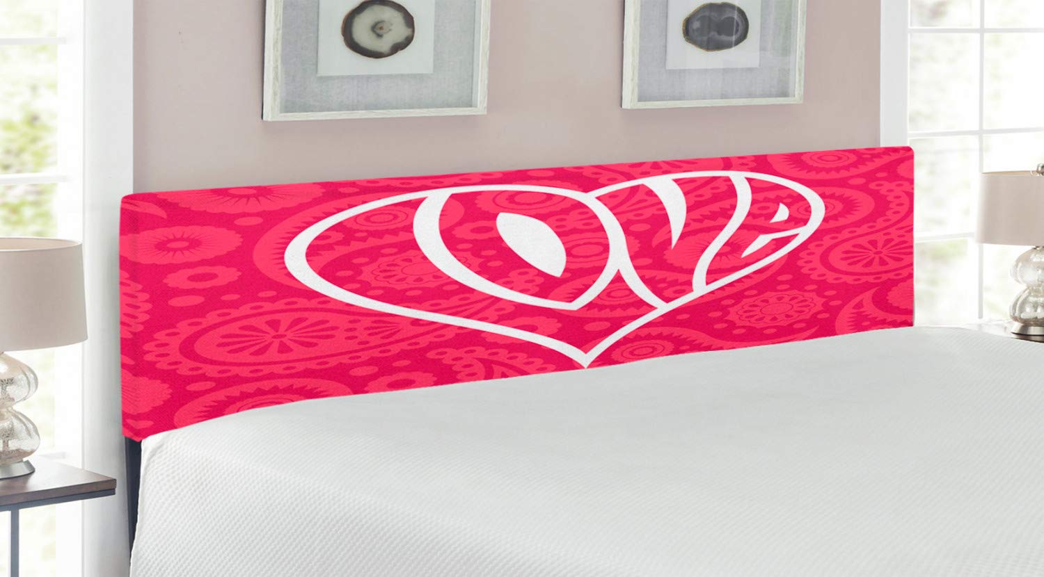 Ambesonne Groovy Upholstered Headboard with Memory Foam - King Size Pink & White Retro Heart Design for Bedroom Decor | Perfect for Master Bedrooms, Guest Rooms & Bohemian Style Homes