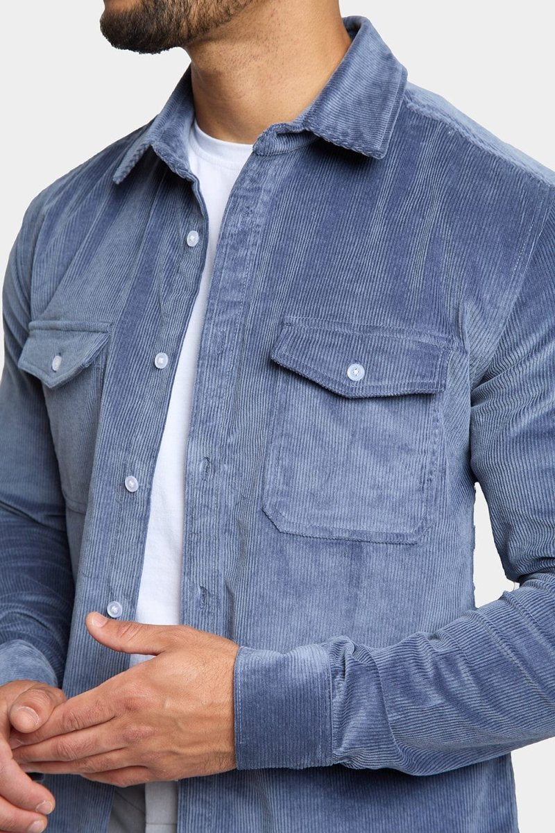 Men's Airforce Blue Cord Overshirt - Lightweight Casual Button-Up Shacket for Fall & Winter - Perfect for Outdoor Adventures and Layered Streetwear Looks