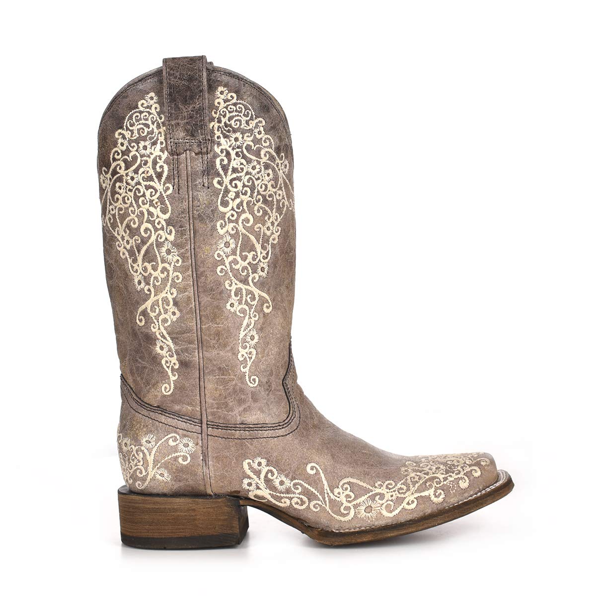 Corral Women's Brown Crater Bone Embroidered Square Toe Western Boots - Leather with Rubber Insert Sole A2663 - Perfect for Country Dancing, Rodeos & Casual Wear