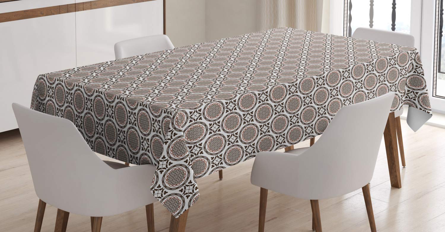 Ambesonne Ethnic Tablecloth - Round Damask Geometric Design with Oriental Motifs, 52