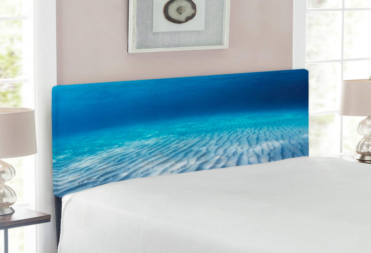 Ambesonne Ocean Themed Upholstered Headboard - Full Size Navy Beige Underwater Art Bed Frame with Memory Foam | Coastal Decor for Beach House & Nautical Bedroom Design