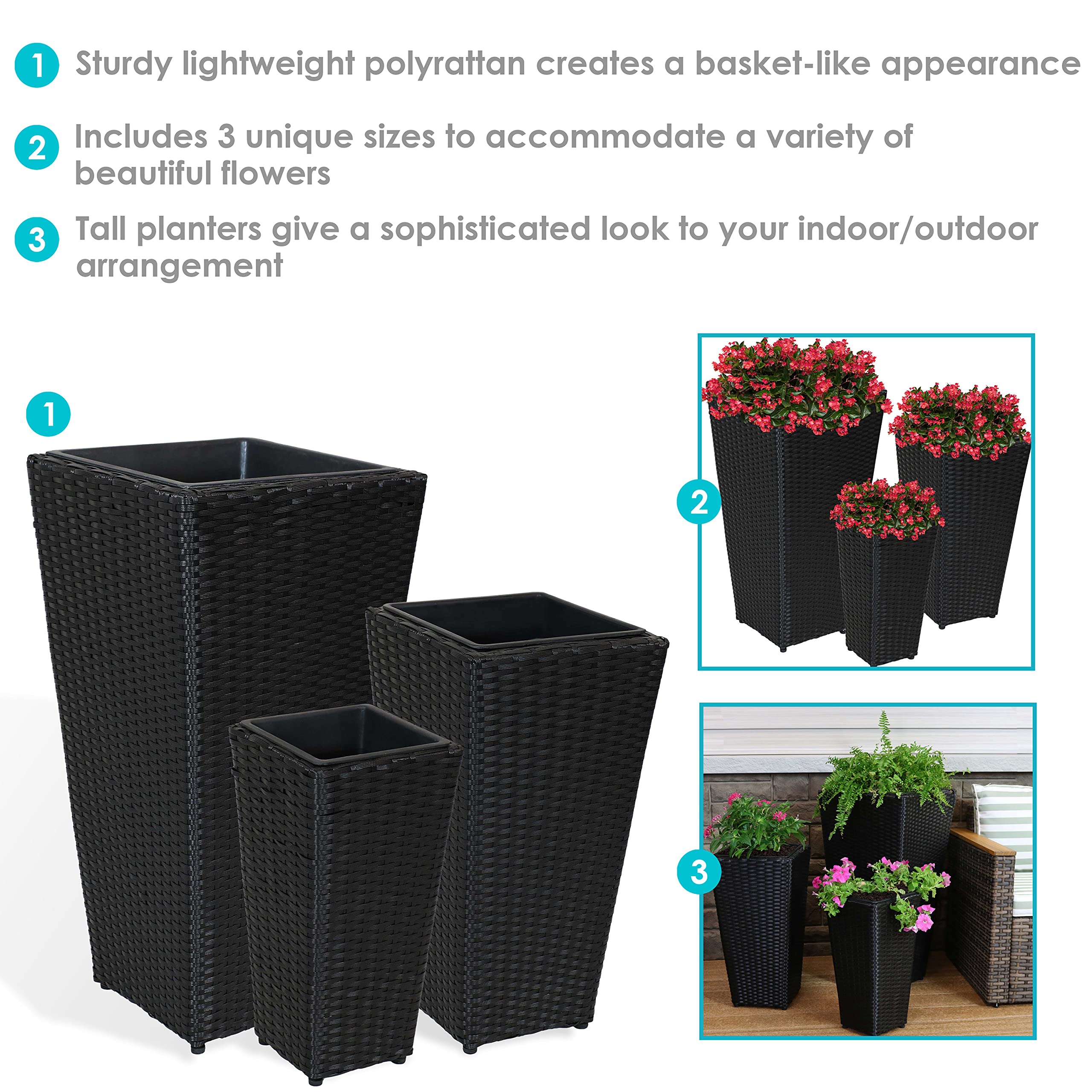 Black Polyrattan Planters with Handles - 3-Piece Set of 9