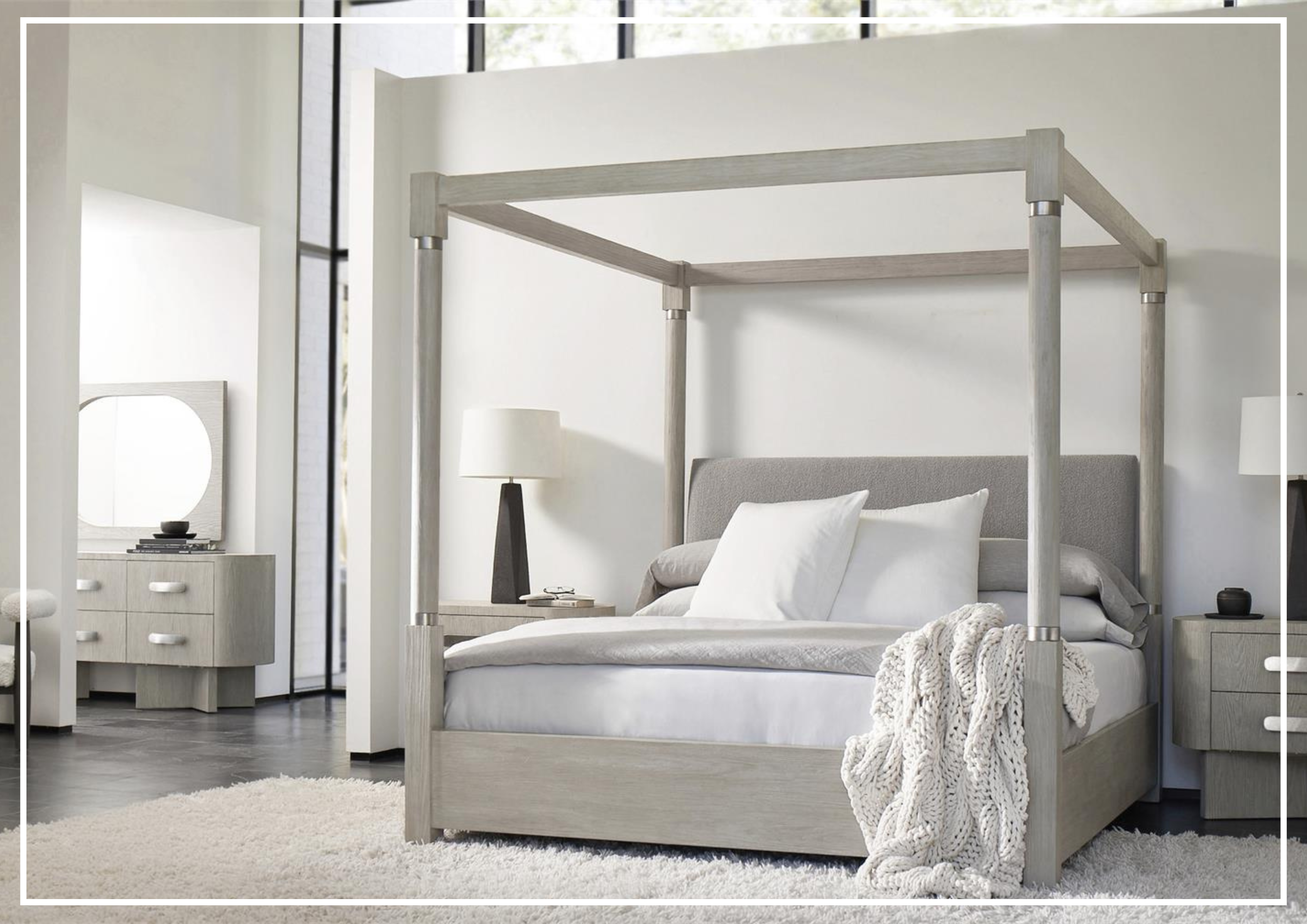 Bernhardt Trianon Gray Upholstered Canopy Bed in Gris Finish - Luxurious King Size Bed Frame with Tufted Headboard for Master Bedroom Decor