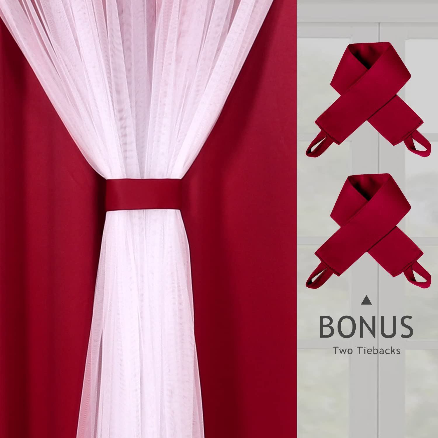 BONZER Double Layer Blackout Curtains with Sheer Voile - 52x63 Inch Set of 2 Panels, Red - Thermal Insulated Grommet Drapes for Bedroom & Living Room - Mix & Match Window Treatments for Light Control & Privacy