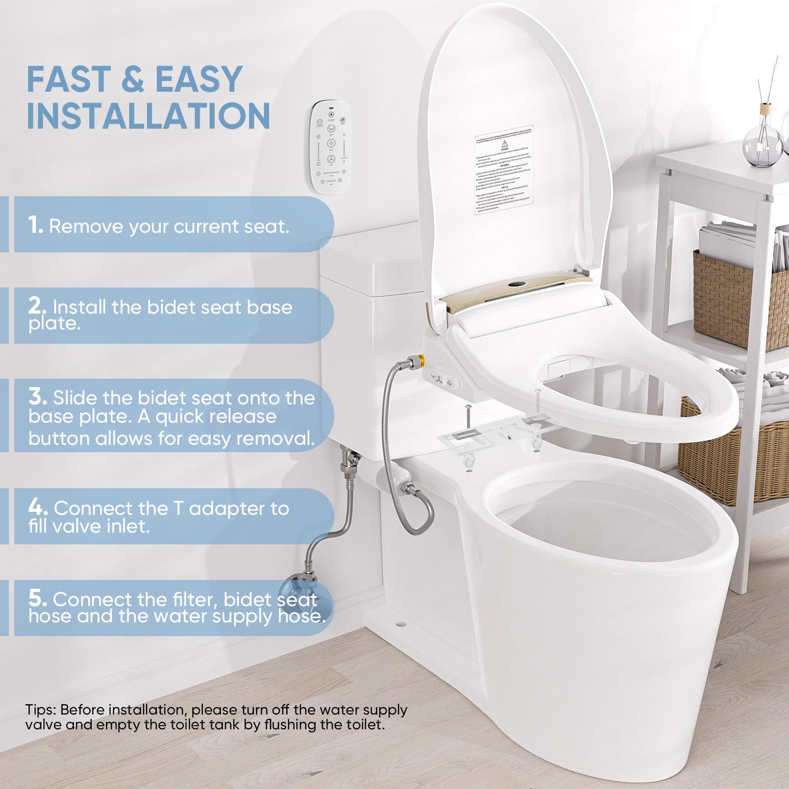 LEIVI Smart Bidet Toilet Seat with Wireless Remote & Side Panel - 5 Spray Modes, Adjustable Heated Seat, Warm Water & Air Dryer, Auto LED Nightlight for Elongated Toilets - Perfect for Modern Bathrooms & Elderly Care