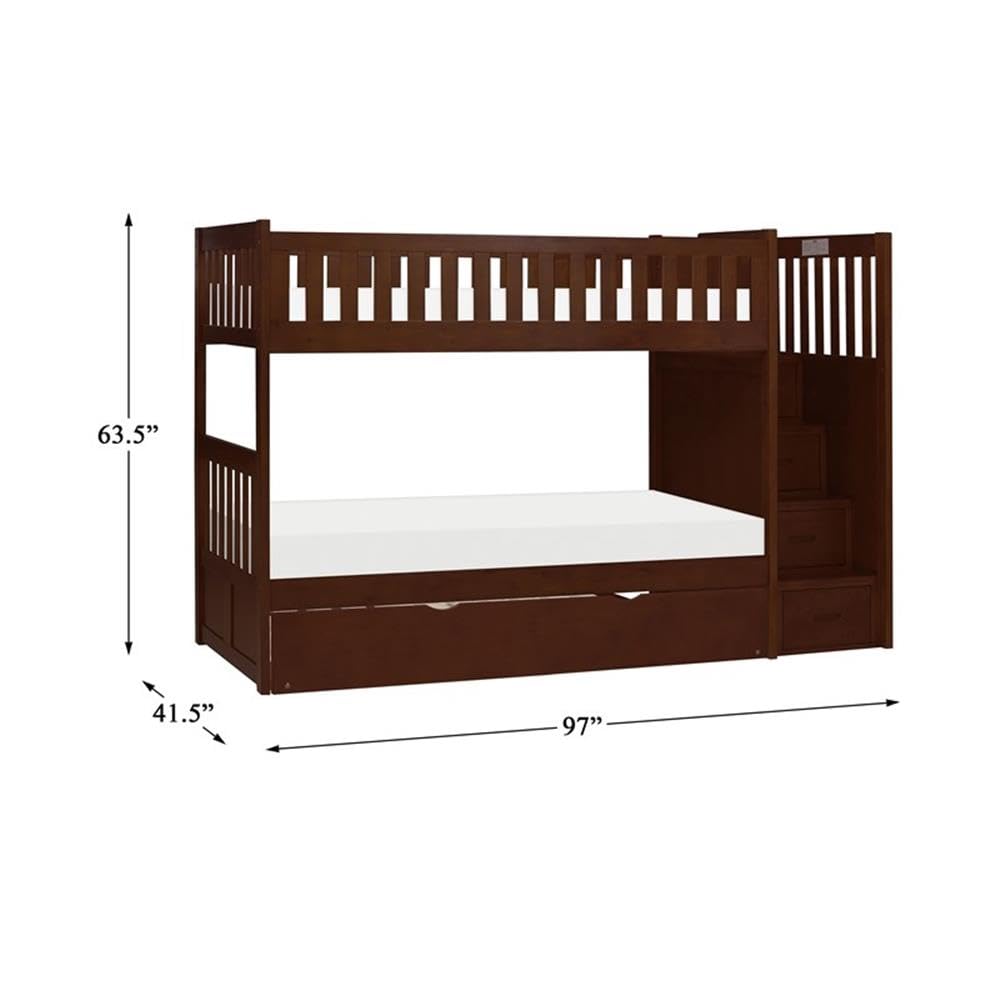 Pemberly Row Reversible Step Storage Wood Bunk Bed with Trundle Bed in Cherry Finish - Space-Saving Kids Bedroom Furniture for Small Rooms & Sleepovers