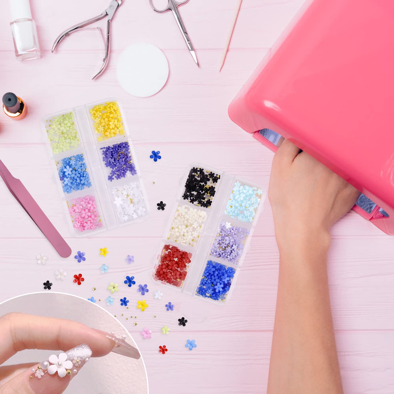 WXJ13 2 Boxes 3D Flower Nail Charms with Rhinestones & Metal Caviar Beads - Acrylic Nail Art Decorations for DIY Manicure, Wedding, Party & Salon Nail Designs