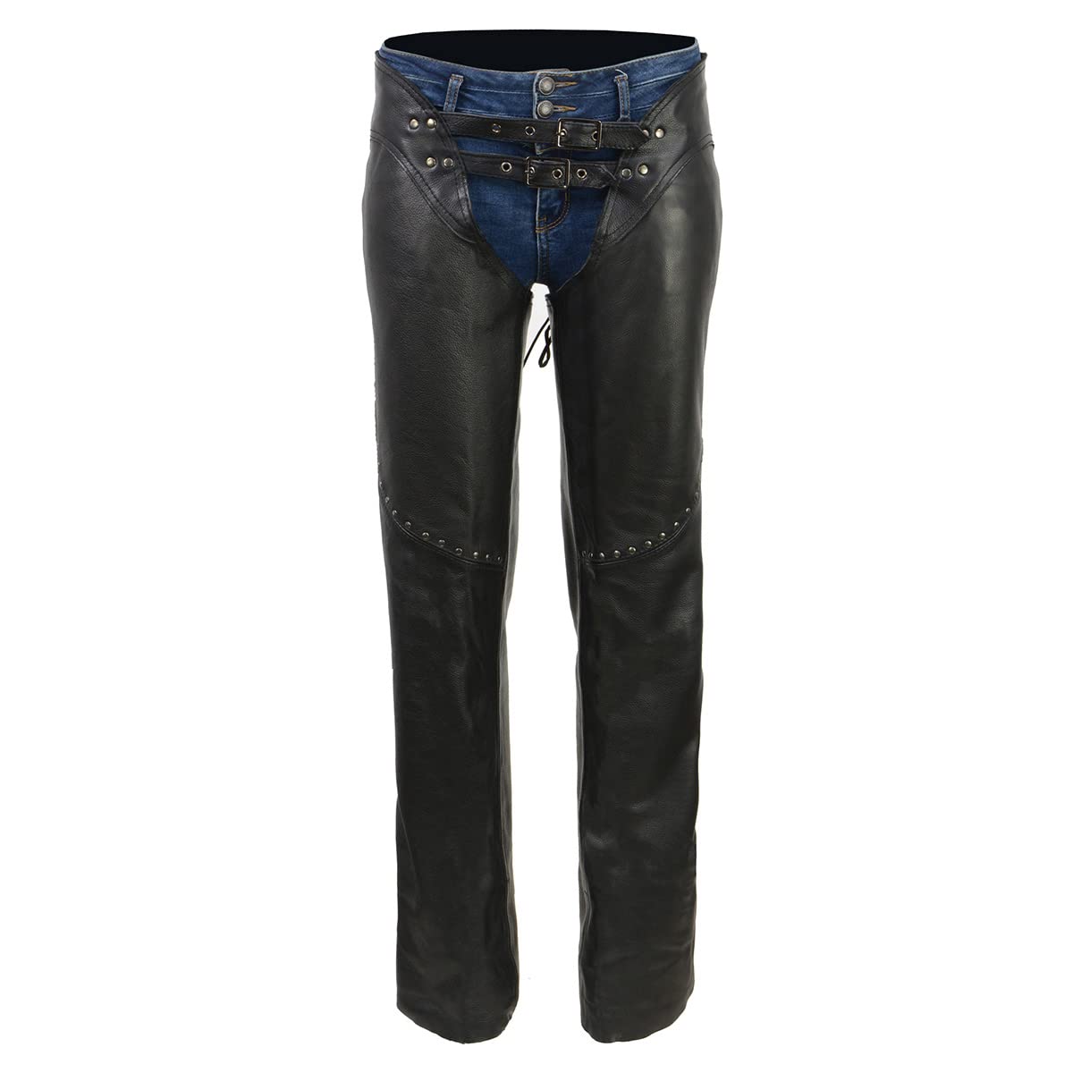 Milwaukee ML1186 Women's Black Low-Rise Waist Motorcycle Leather Chaps with Double Buckle & Rivet Detailing - Perfect for Harley Riding & Biker Events
