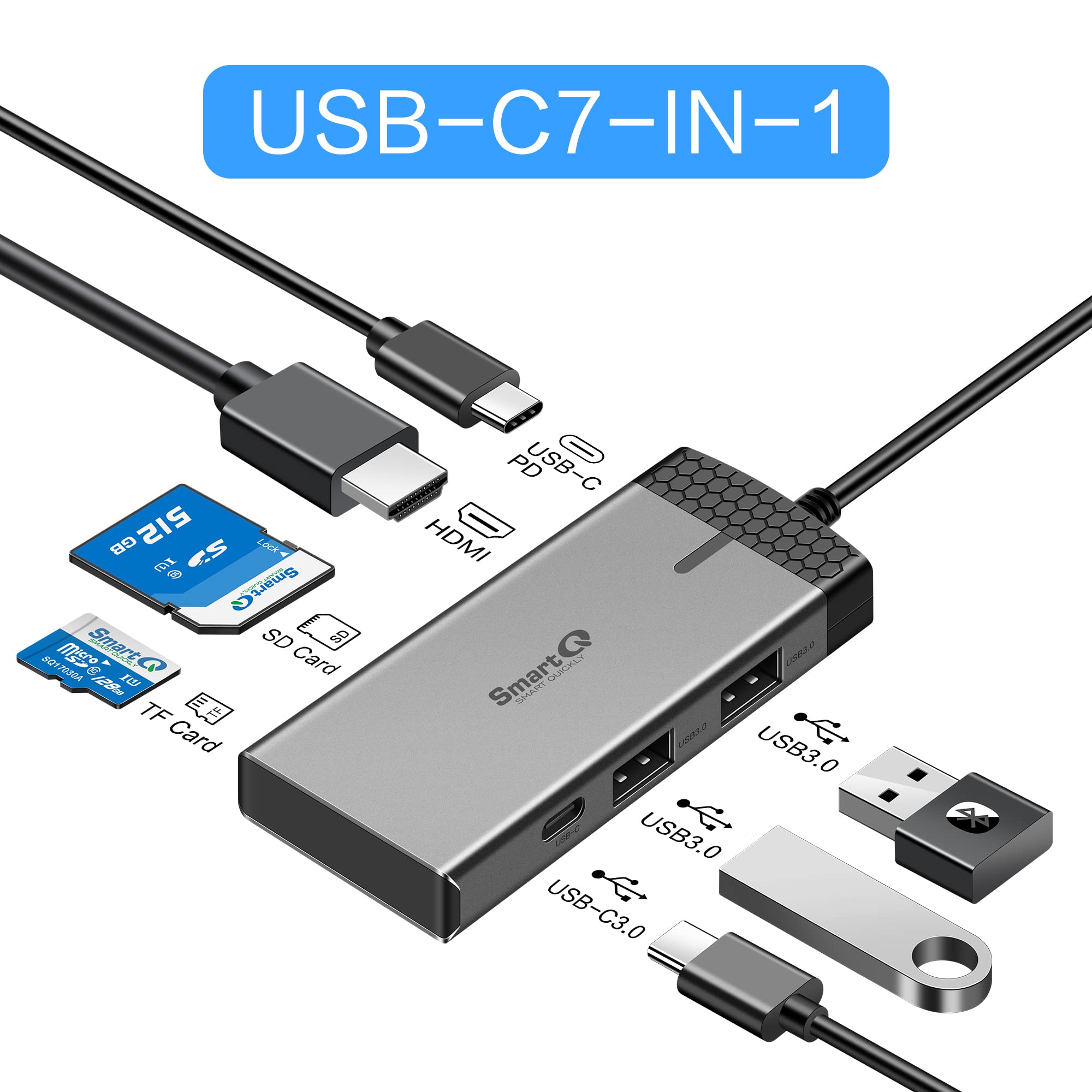 SmartQ H352 7-in-1 USB C Hub with 4K HDMI, 100W Power Delivery, USB-C Port, 2 USB-A 5Gbps, microSD/SD Card Reader - Compatible with MacBook Air/Pro, Dell XPS, Laptops, Tablets & Desktops - Perfect for Home Office, Remote Work & Multi-Screen Setup