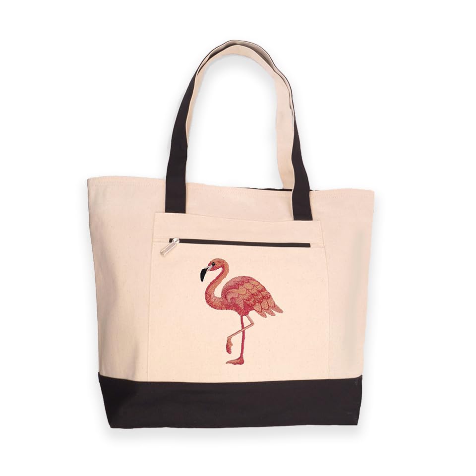 Stylish Flamingo Print Large Canvas Tote Bag with Zip Top & Secure Zip Pocket - Durable Handbag, Shoulder Bag, Purse for Women - Perfect for Beach, Camping, Travel & Daily Use (Black)
