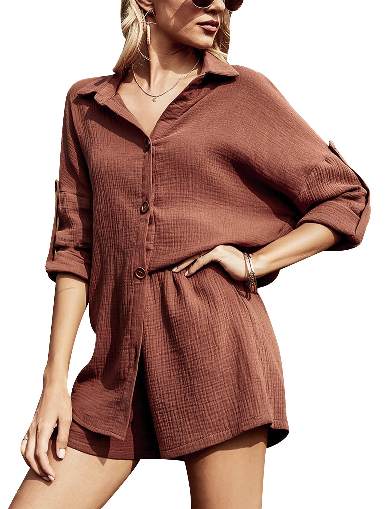 Gihuo Women's 2-Piece Casual Summer Outfit - Loose Lounge Set with Shirt & Shorts | Comfortable Tracksuit for Home, Travel & Vacation