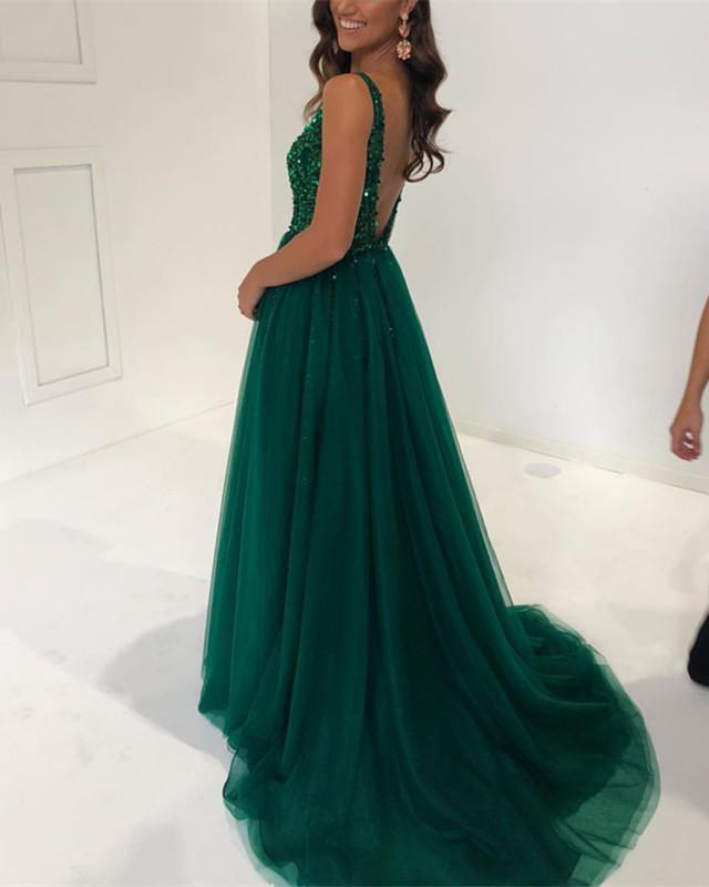Elegant Deep V Neck Long Tulle Prom Dress with Sequins & Beads - Perfect for Evening Gala, Homecoming, and Formal Events