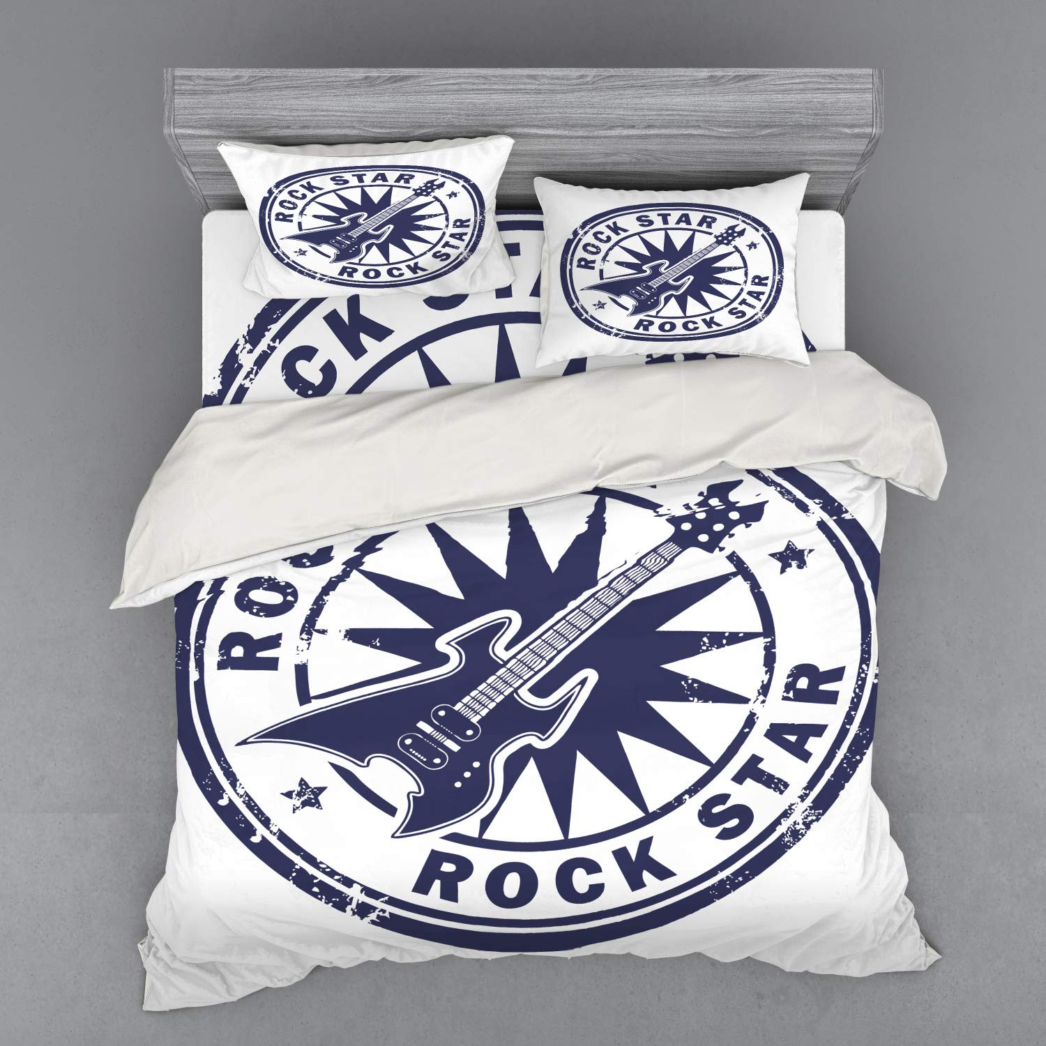 Ambesonne Vintage Rock Music Bedding Set - King Size 4-Piece Duvet Cover with Guitar & Sun Design in Cobalt Blue | Grunge Style Monochrome Illustration | Perfect for Music Lovers' Bedroom Decor, Gift for Rock Fans