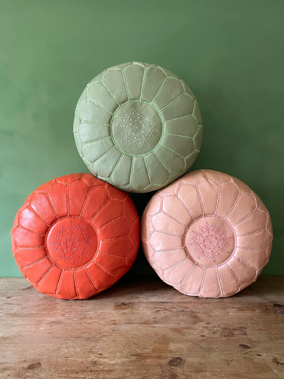 Handmade Moroccan Leather Pouffe Ottoman - Sage Green Boho Chic Footstool for Living Room, Bedroom & Nursery Decor | Perfect for Relaxing, Extra Seating & Stylish Home Accent