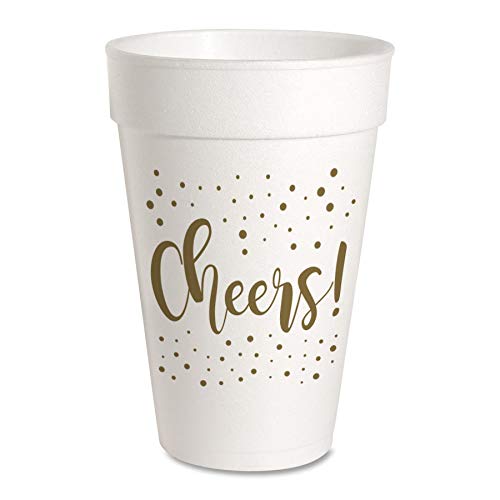 16oz Styrofoam Cocktail Party Cups - 10 Pack Disposable Drinking Cups for Celebrations, Weddings & Birthday Parties - Cheers Printed Design