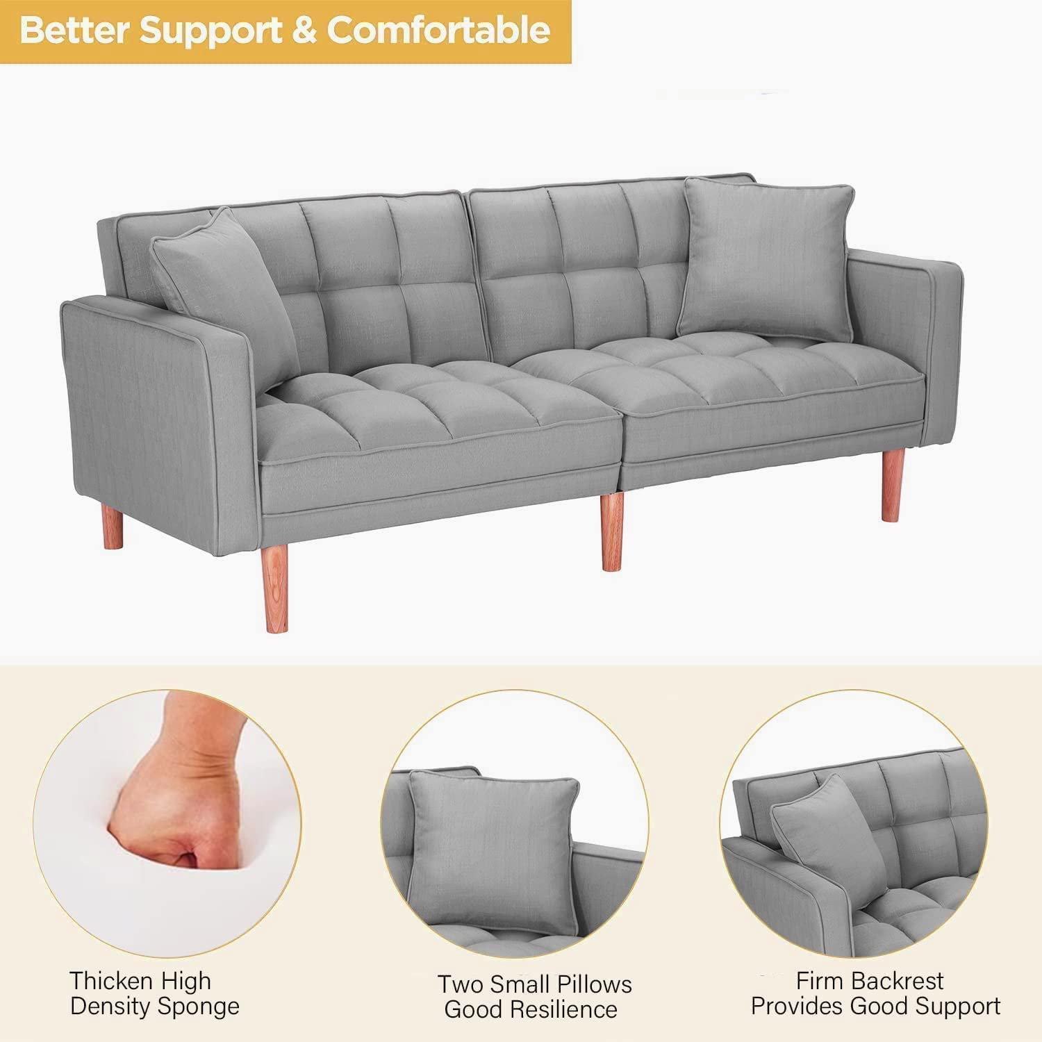 Convertible Futon Sofa Bed with 2 Pillows & Backrest - Foldable Sleeper Couch for Small Spaces - Modern Fabric Futon for Living Room, Bedroom, Guest Room & Studio Apartments - Space Saving Multi-Functional Furniture