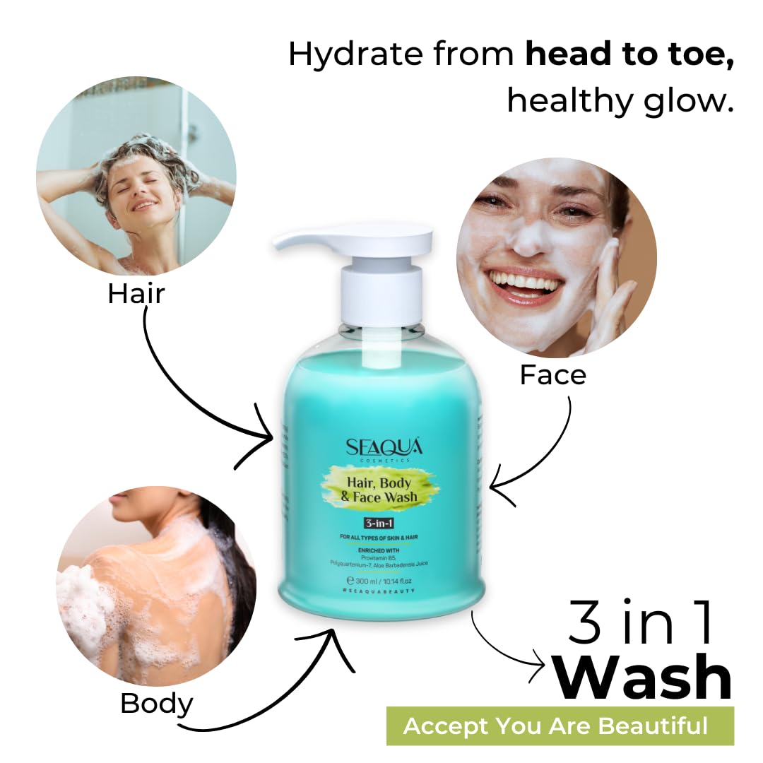 SEAQUA 3 in 1 Hair, Body & Face Wash for Men & Women - Sulfate Free, Paraben Free, Gentle Cleanser (300ml) | Perfect for Travel, Gym & Daily Shower Routine