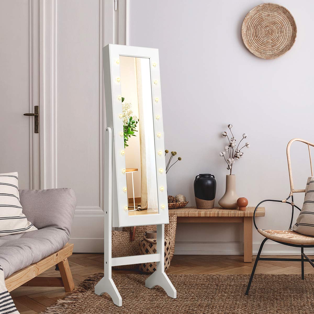 Giantex Standing Jewelry Armoire with 18 LED Lights - Large Mirrored Jewelry Cabinet with Full Length Mirror, 16 Lipstick Holders & Makeup Mirror - Perfect for Bedroom, Dressing Room & Closet Organization (White)