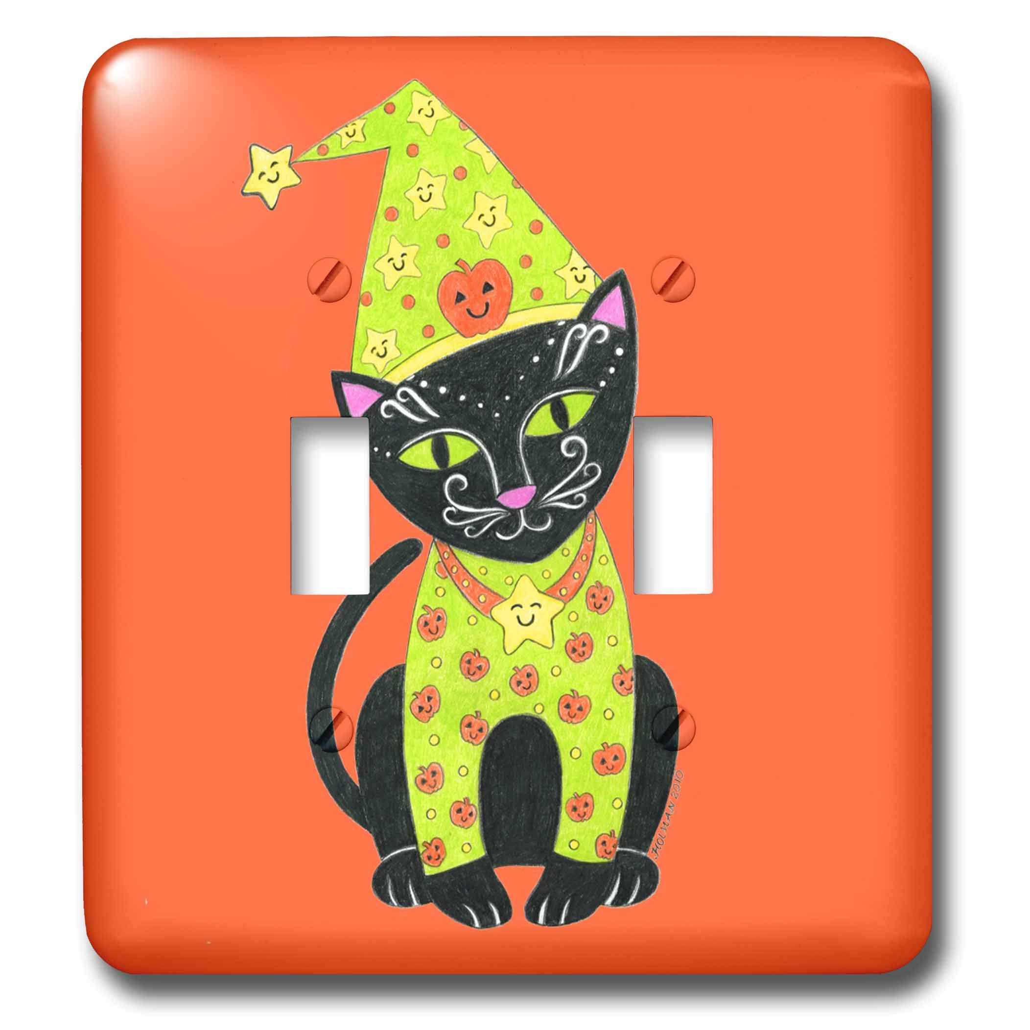 3dRose Black Cat in Halloween Costume - Orange Whimsical Cat Illustration Double Toggle Switch - Perfect for Halloween Decor, Party Supplies & Unique Home Accessories