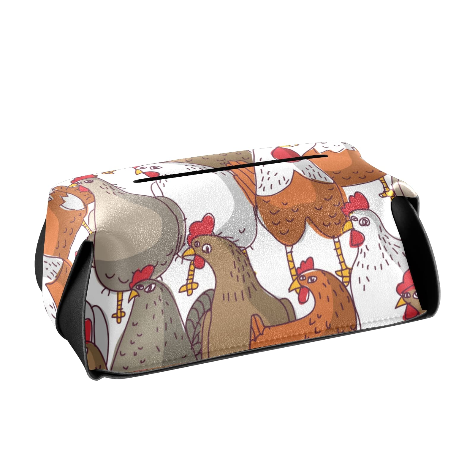 Premium Leather Tissue Box Cover - Brown, White & Orange Chicken Seamless Pattern - 5.7x5.7x5.7 Inch Square Design with Handle for Bathroom, Nightstand, Vanity, Office Desk & Car Decor - Home & Travel Accessory