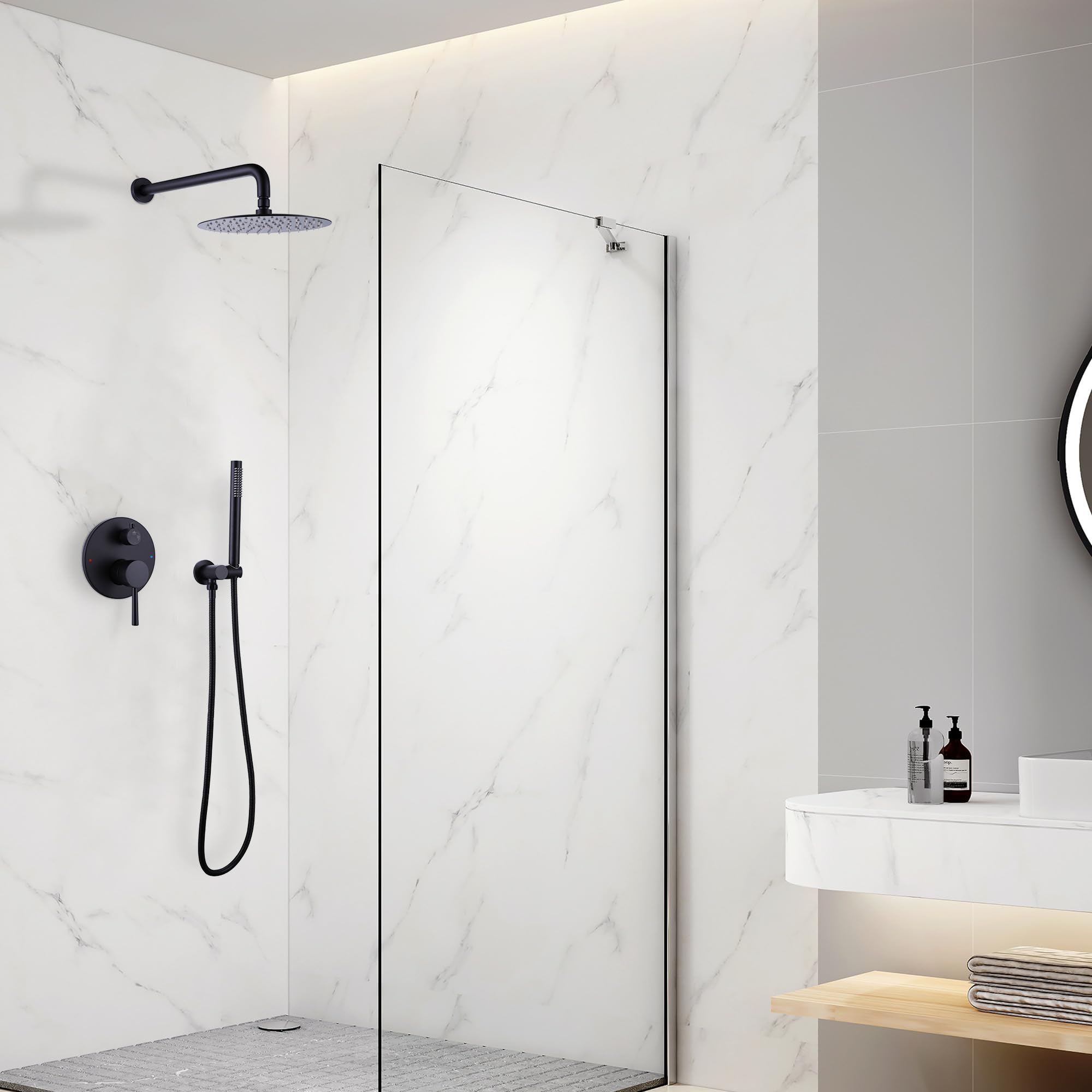 10 Inch Matte Black Shower Faucet Set - Wall Mount Brass Bathroom System with High-Pressure Rain Shower Head & Handheld Spray - Perfect for Modern Bathroom Renovation & Spa-Like Shower Experience