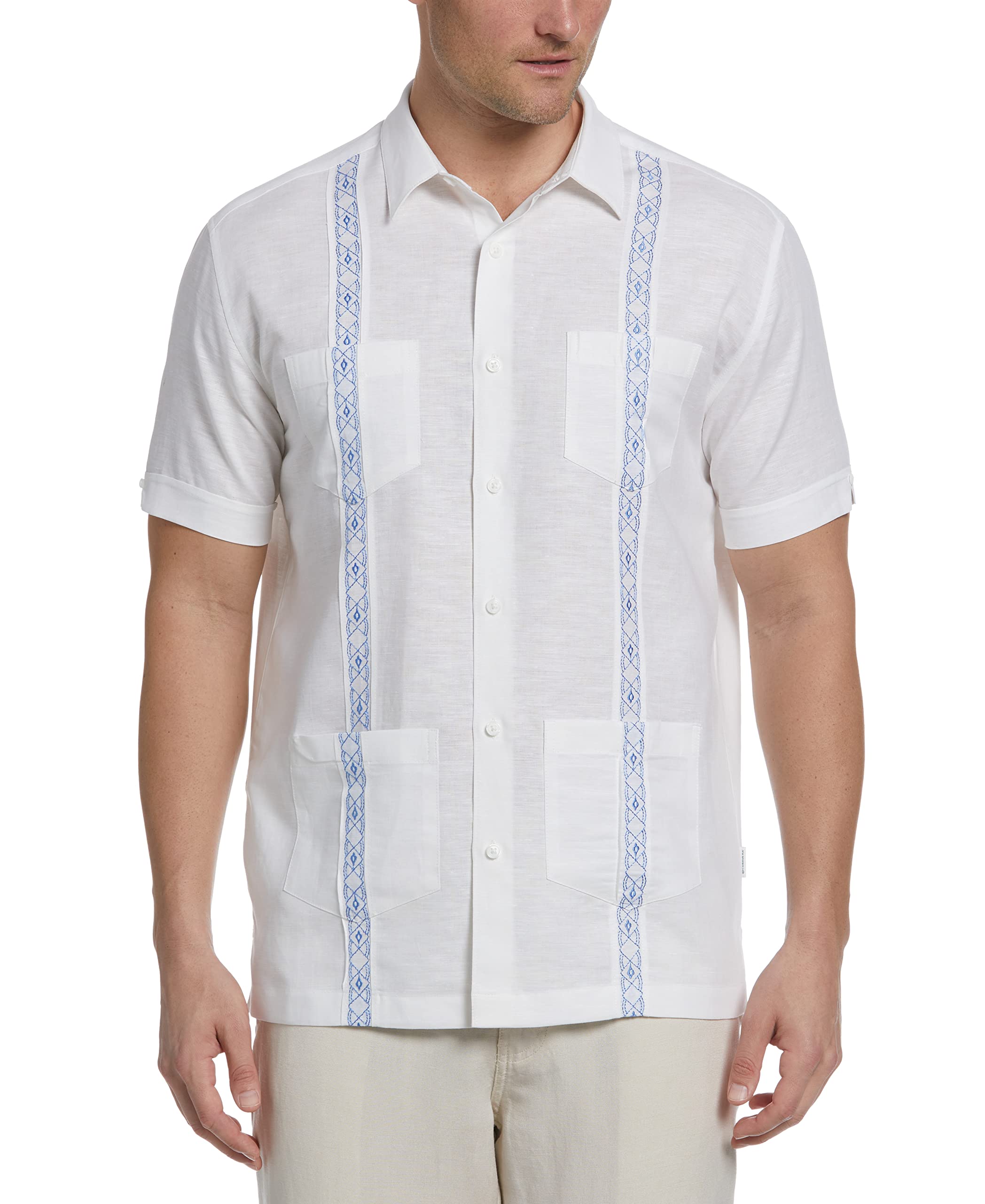 Cubavera Men's Linen Blend Guayabera Shirt - Short Sleeve Embroidered Casual Shirt with Contrast Stitching | Perfect for Summer, Beach Vacations & Tropical Weddings