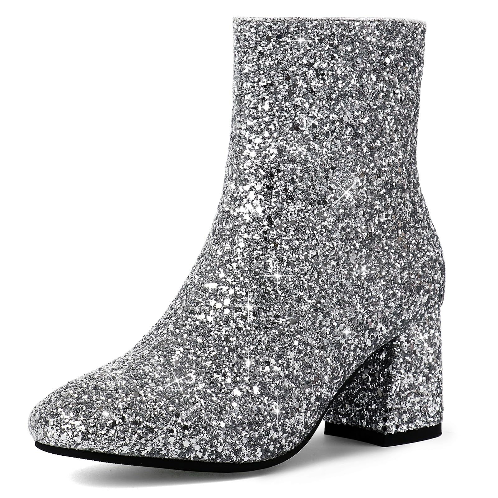 MAVMAX Women's Sequin Glitter Ankle Boots - Chunky Heel Sparkly Booties for Party, Night Out & Holiday | Comfortable Dress Shoes for Women