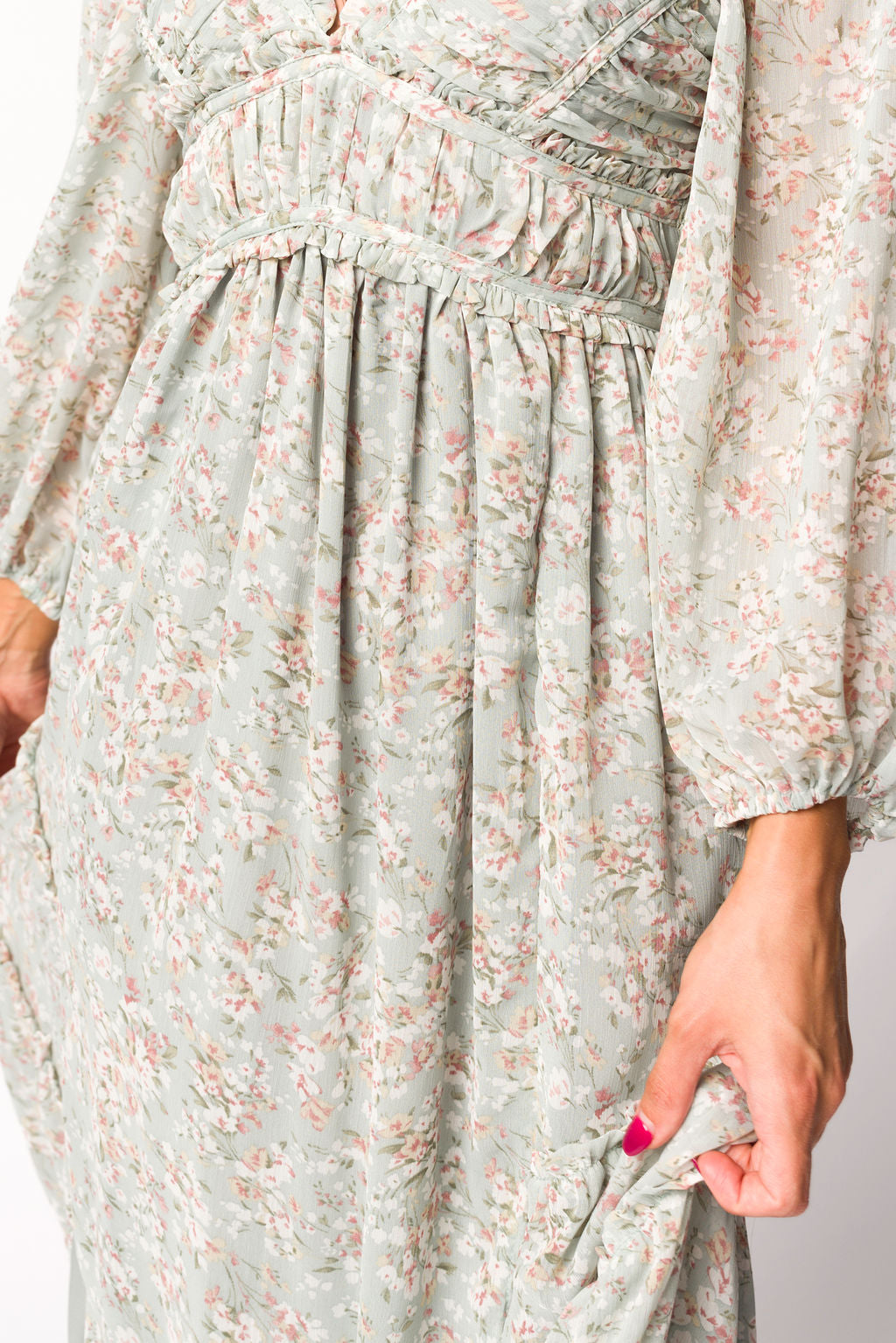 Elegant Daphne Long Sleeve Maxi Dress - Sage/Pink/Ivory Floral Print | Bump Friendly Maternity Wear & Inclusive Sizing (XS-3XL) | Perfect for Pregnancy, Special Occasions & Everyday Comfort
