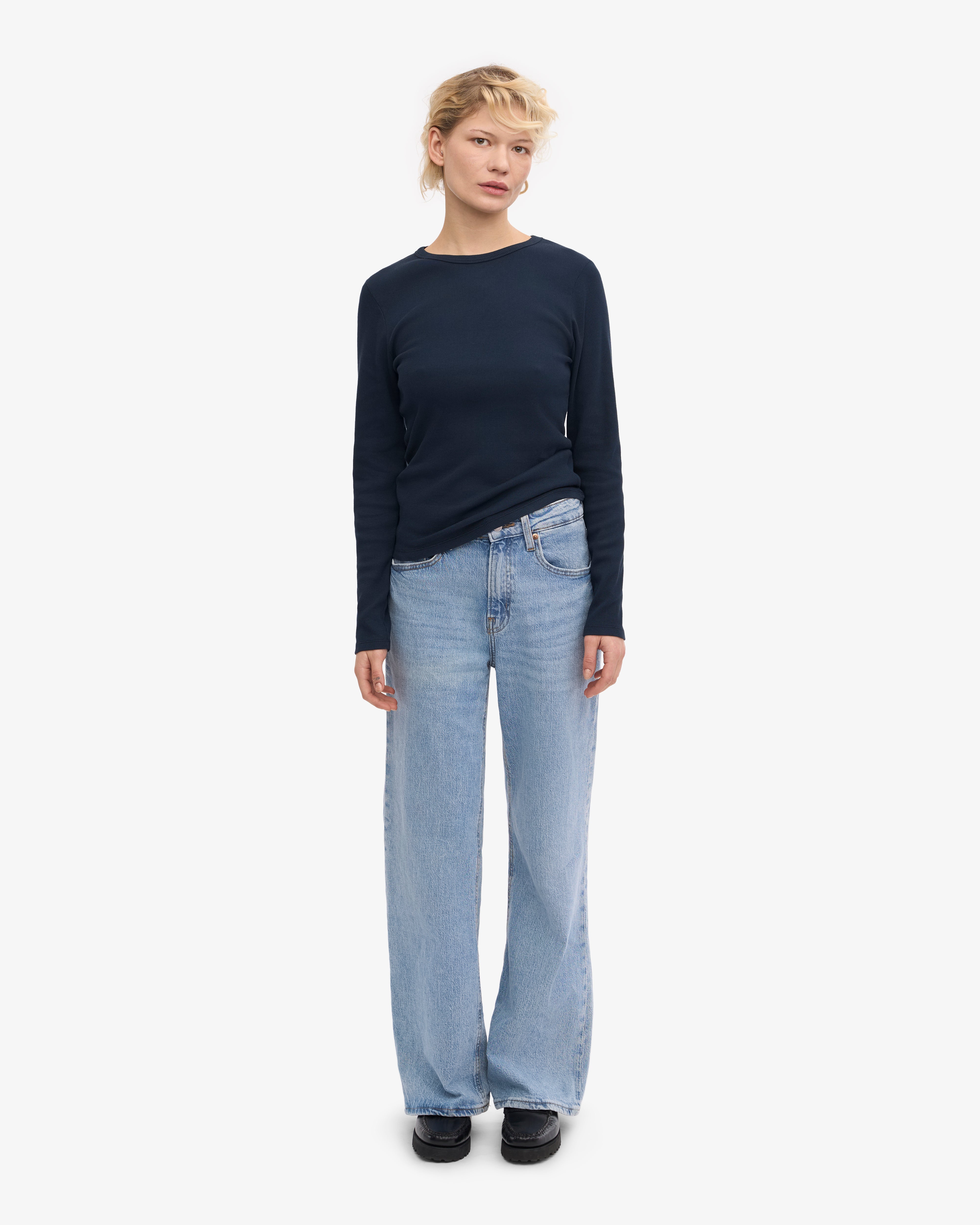 Organic Women's Long Sleeve Ribbed T-Shirt - Navy Blue - Comfortable Casual Wear for Everyday Outfits & Layering