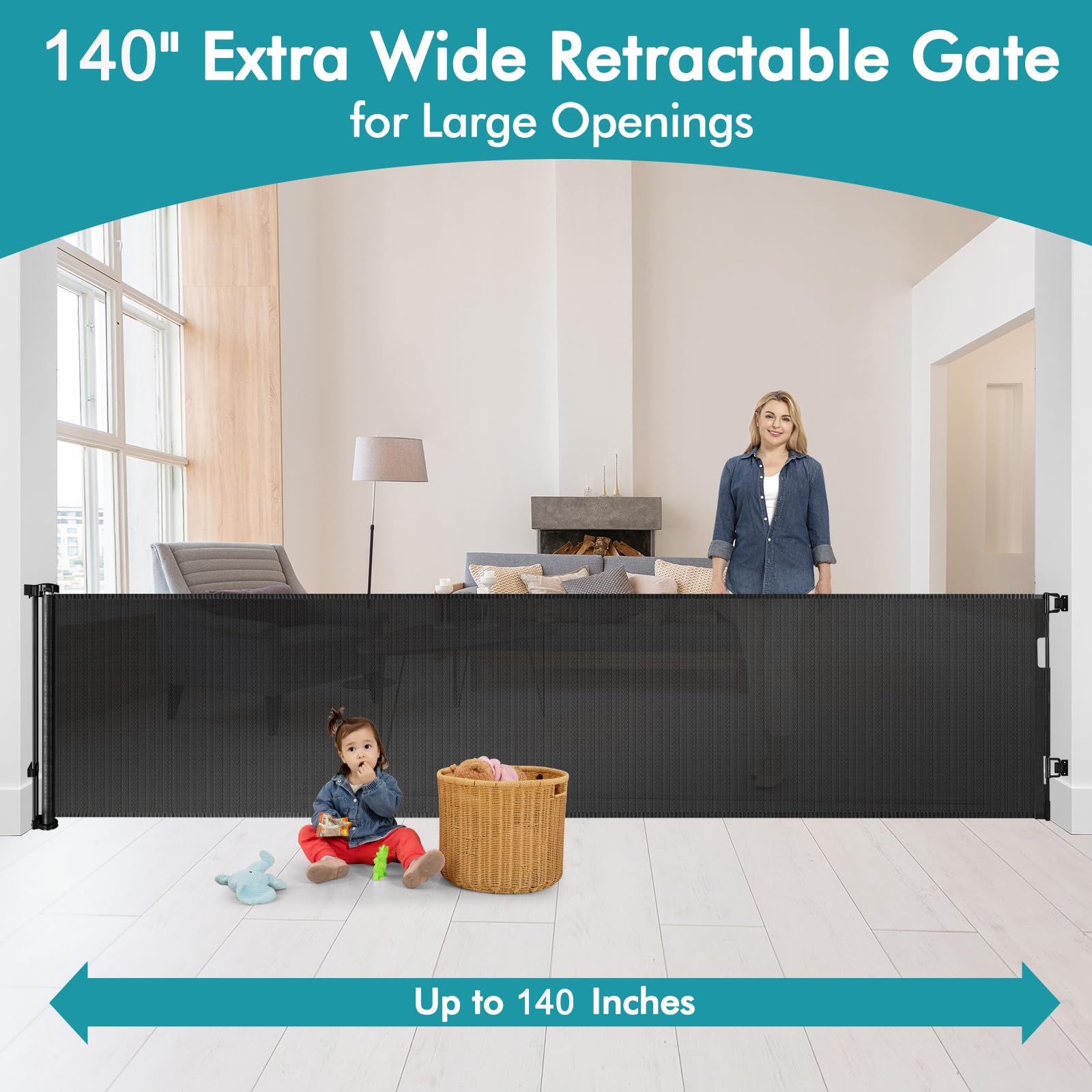 140 Inch Extra Wide Retractable Baby Gate & Dog Gate - Indoor/Outdoor Safety Barrier for Wide Openings, Doorways, Stairs - Black Mesh Pet Fence for Home, Yard, and Travel Use