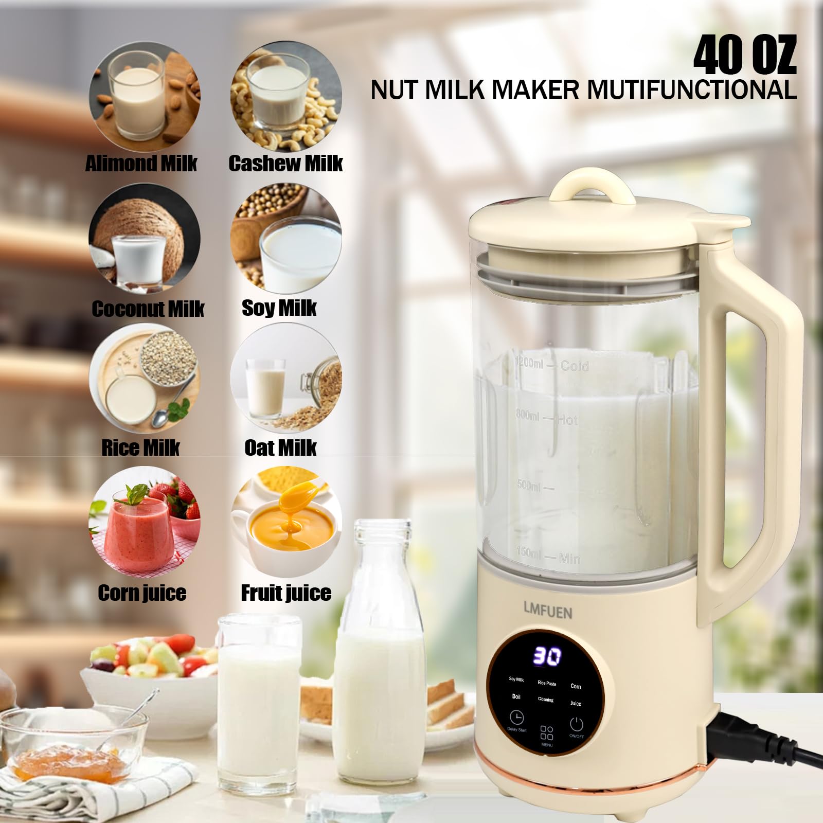 40oz Automatic Nut Milk Maker & Soy Milk Machine - Homemade Almond, Oat, Soy & Plant-Based Milk Maker with Delay Start, Keep Warm & Self-Cleaning - Perfect for Vegan Milk, Healthy Smoothies & Family Breakfast (White)