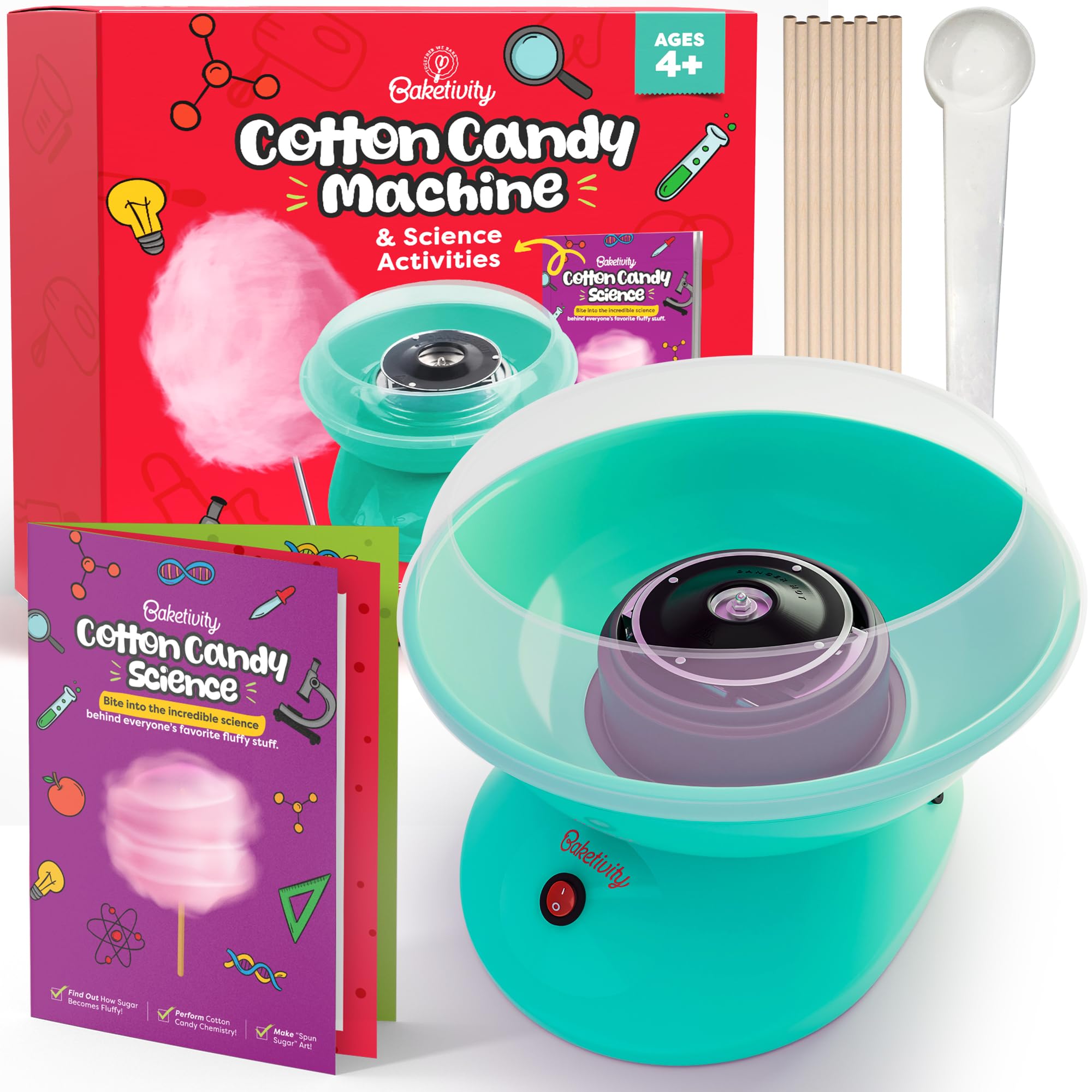 Baketivity Cotton Candy Maker Machine Kit for Kids & Adults - Includes 10 Cotton Candy Sticks, Sugar Scoop & STEM Activity Book - Fun DIY Candy Maker for Birthday Parties, Carnivals & Family Events