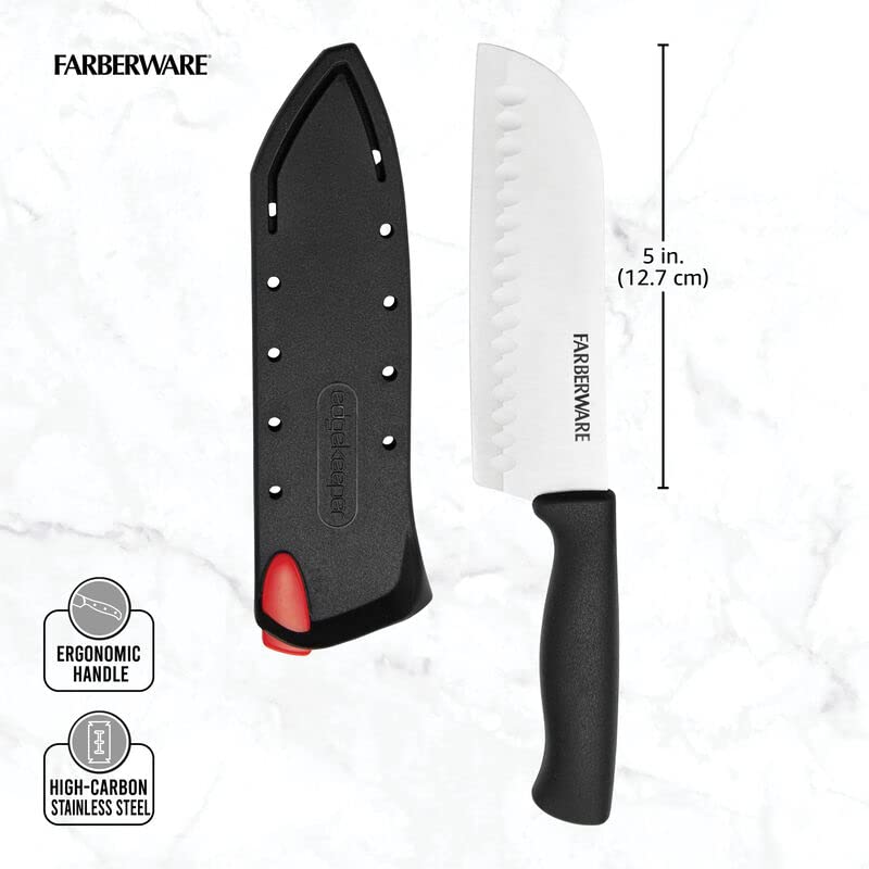 Farberware Edgekeeper 5-Inch Santoku Knife - High Carbon Stainless Steel Kitchen Knife with Self-Sharpening Blade Cover & Ergonomic Handle - Ultra Sharp Japanese Style Knife for Slicing, Dicing, and Mincing - Perfect for Home Chefs and Professional Kitchens
